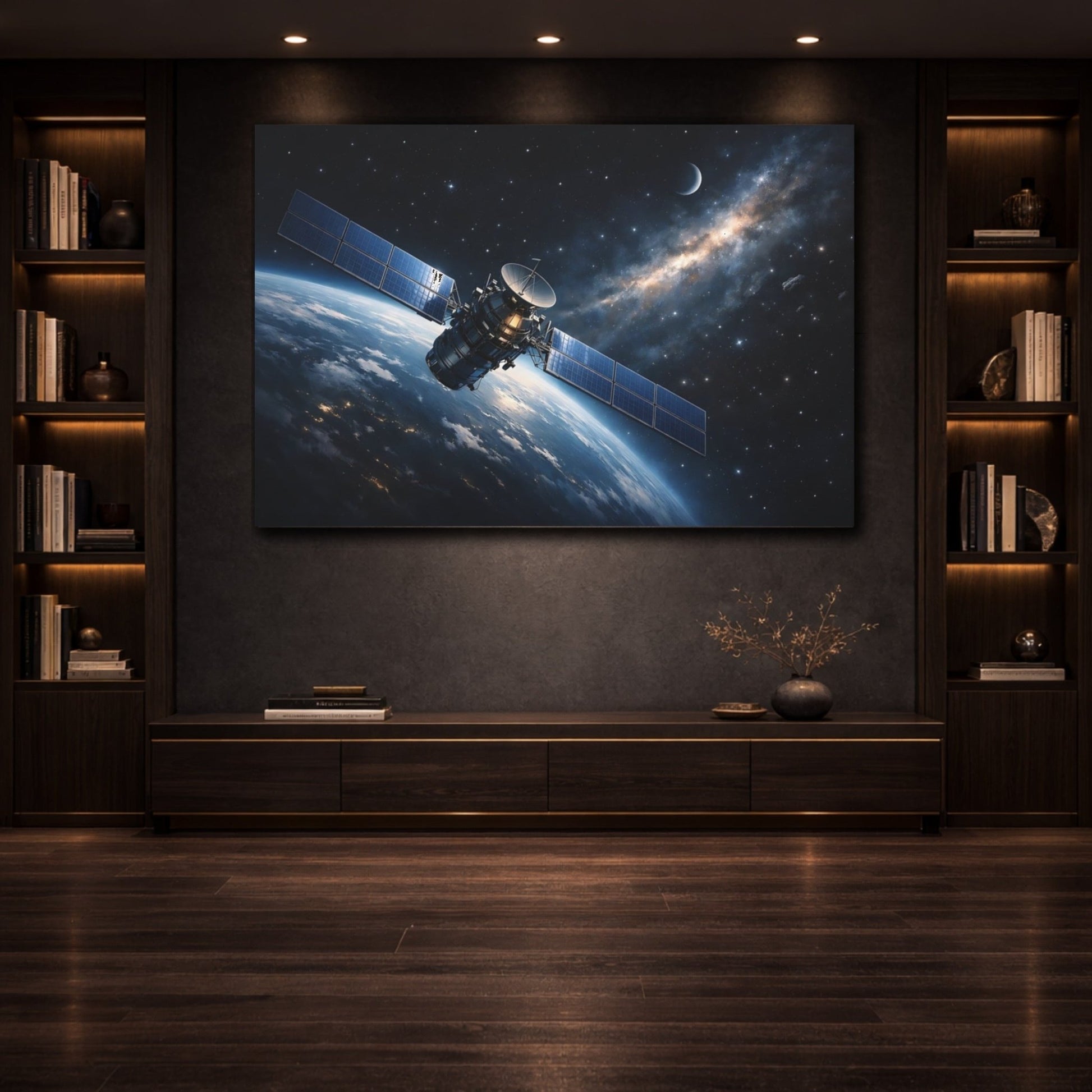 Science Fiction Satellite Blue Space Earth - Canvas Wall Art Print - YesArtYes