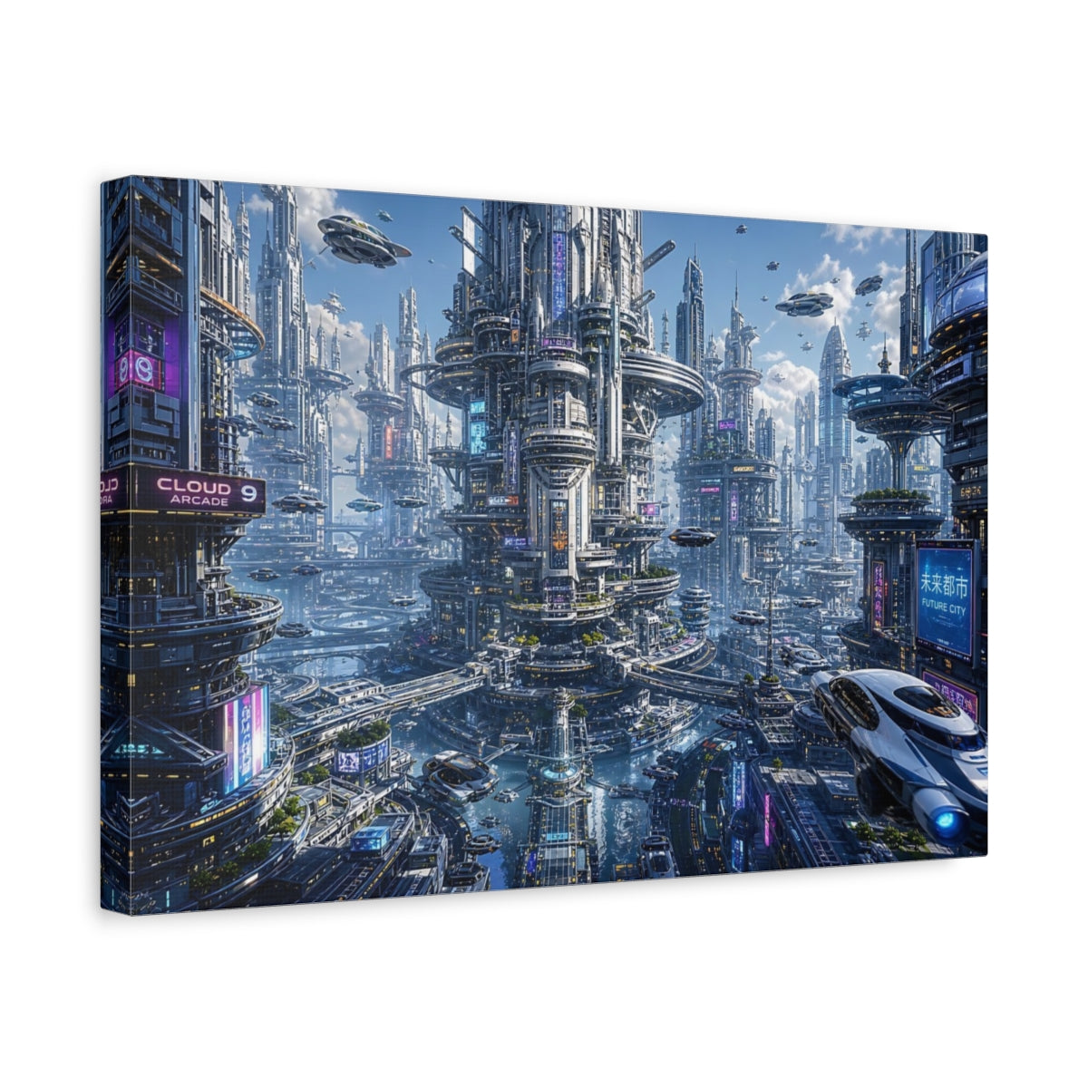 Side Mockup 4. Science Fiction Sci-Fi City Blue And Silver shown as stretched canvas wall art