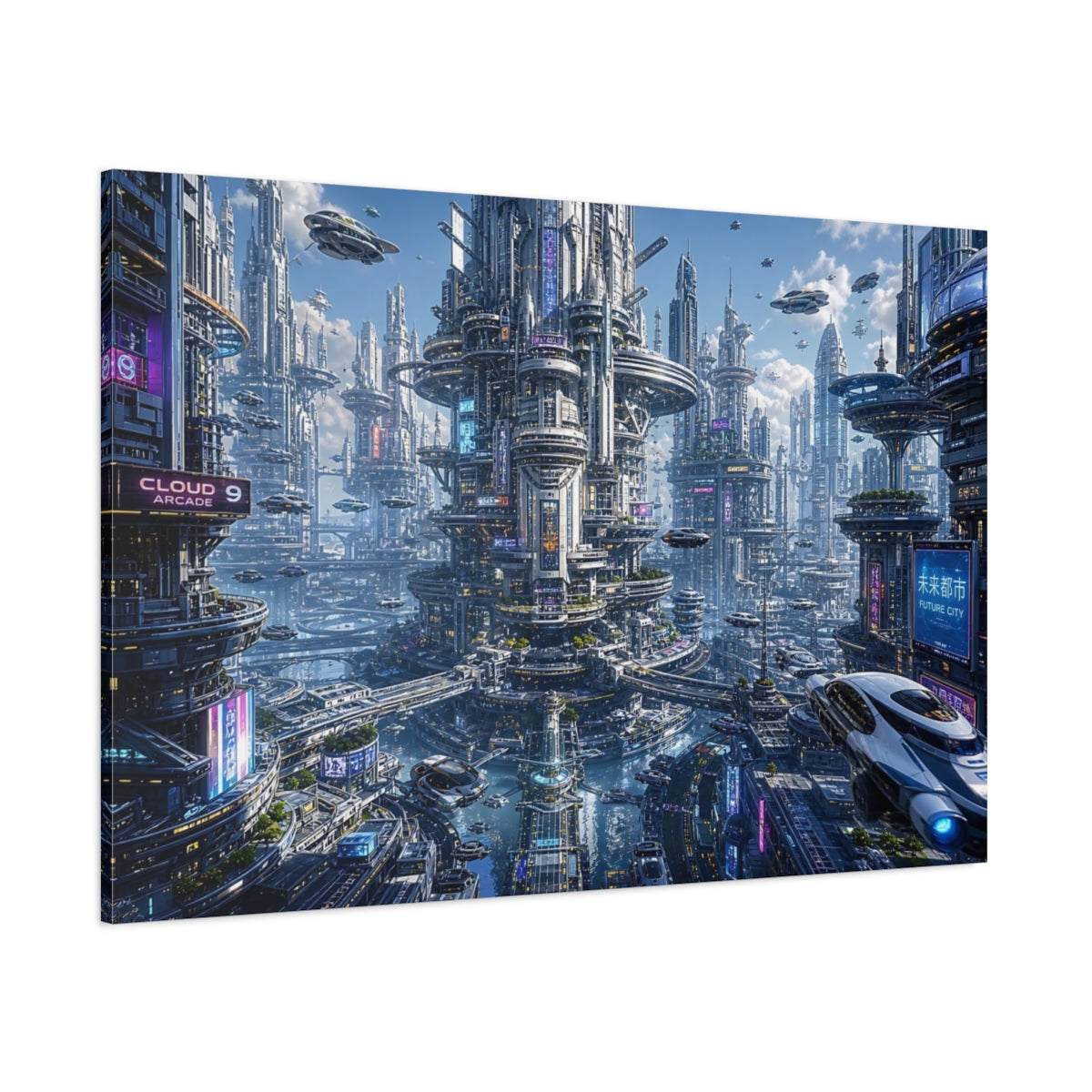 Side Mockup 1. Science Fiction Sci-Fi City Blue And Silver shown as stretched canvas wall art