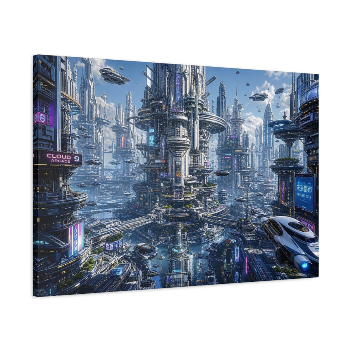 Main Mockup. Science Fiction Sci-Fi City Blue And Silver shown as stretched canvas wall art