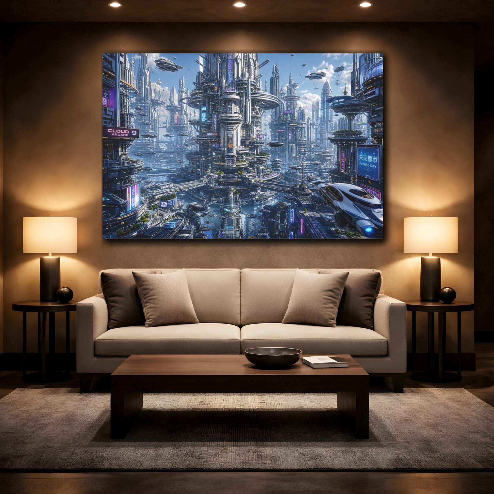 Mockup 2. Science Fiction Sci-Fi City Blue And Silver shown as stretched canvas wall art