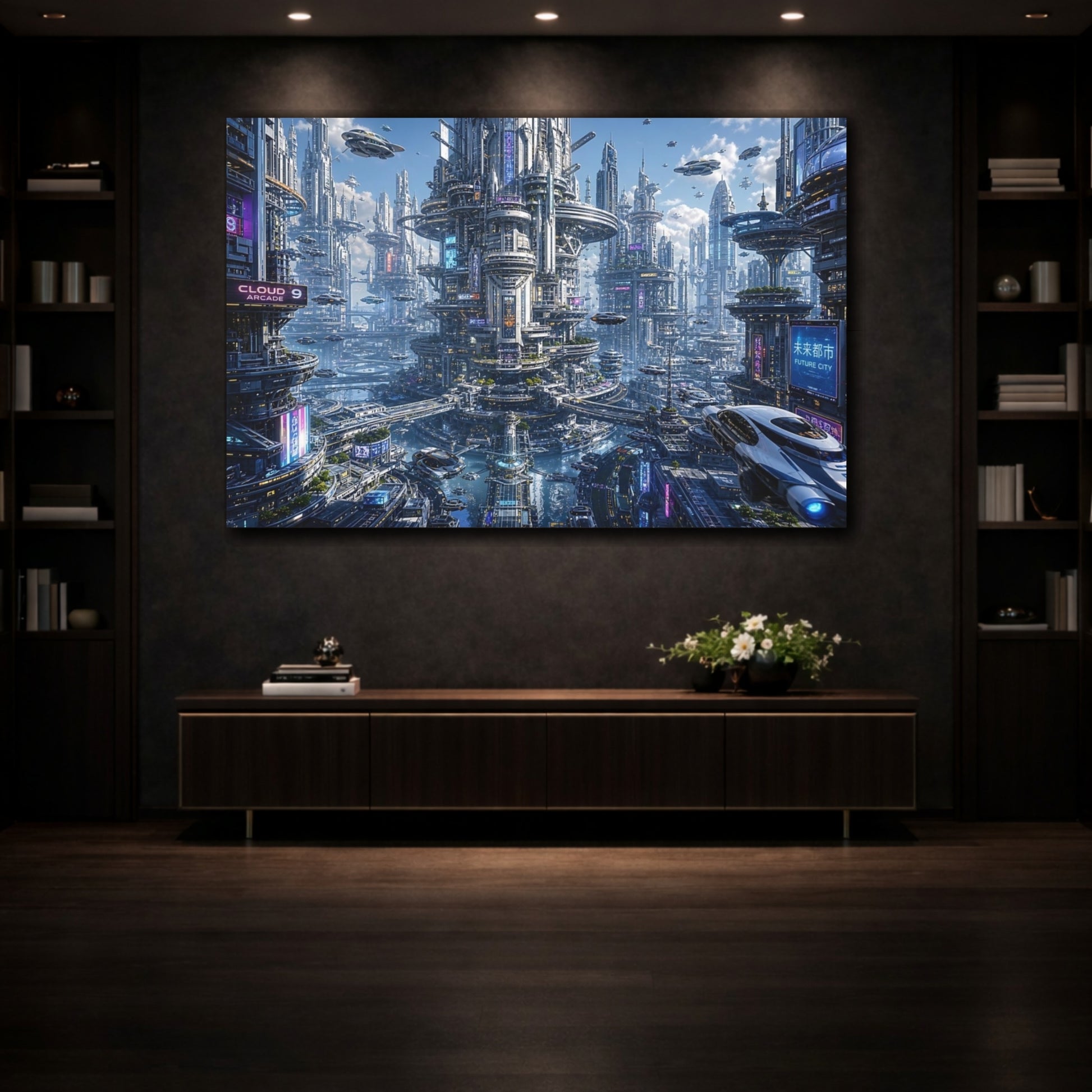 Mockup 3. Science Fiction Sci-Fi City Blue And Silver shown as stretched canvas wall art