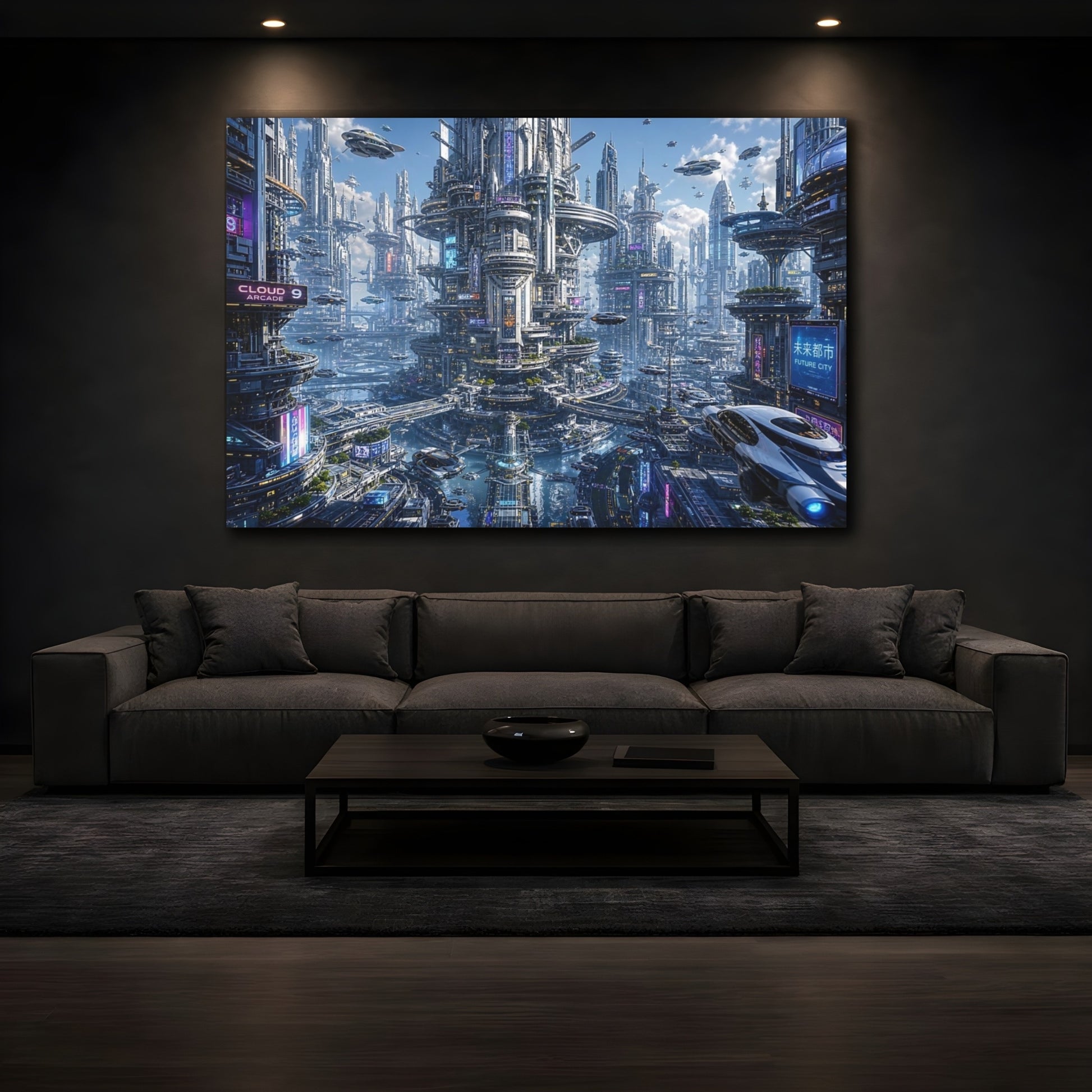 Mockup 4. Science Fiction Sci-Fi City Blue And Silver shown as stretched canvas wall art