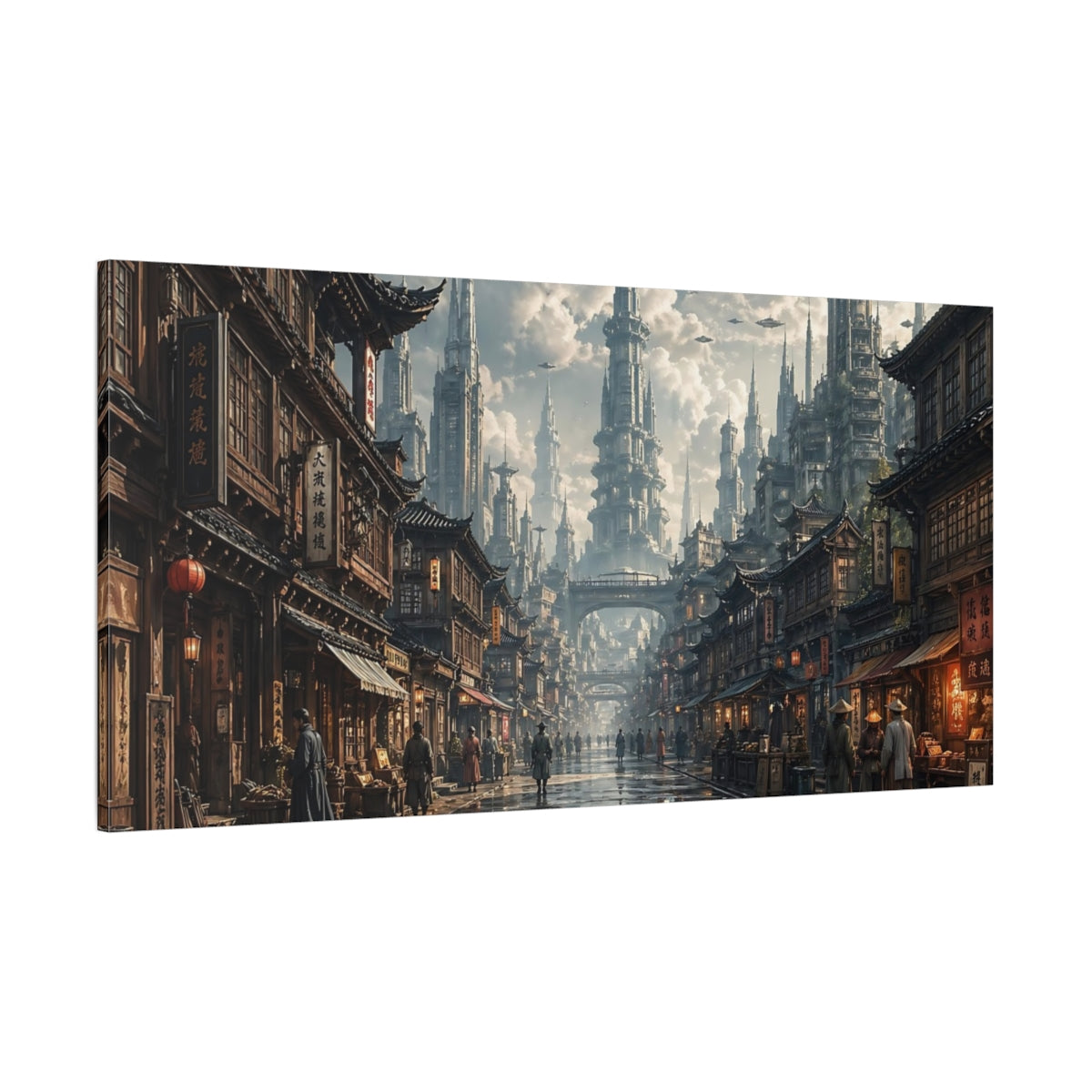 Side Mockup 2. Science Fiction Sci-Fi City Futuristic Cityscape shown as stretched canvas wall art