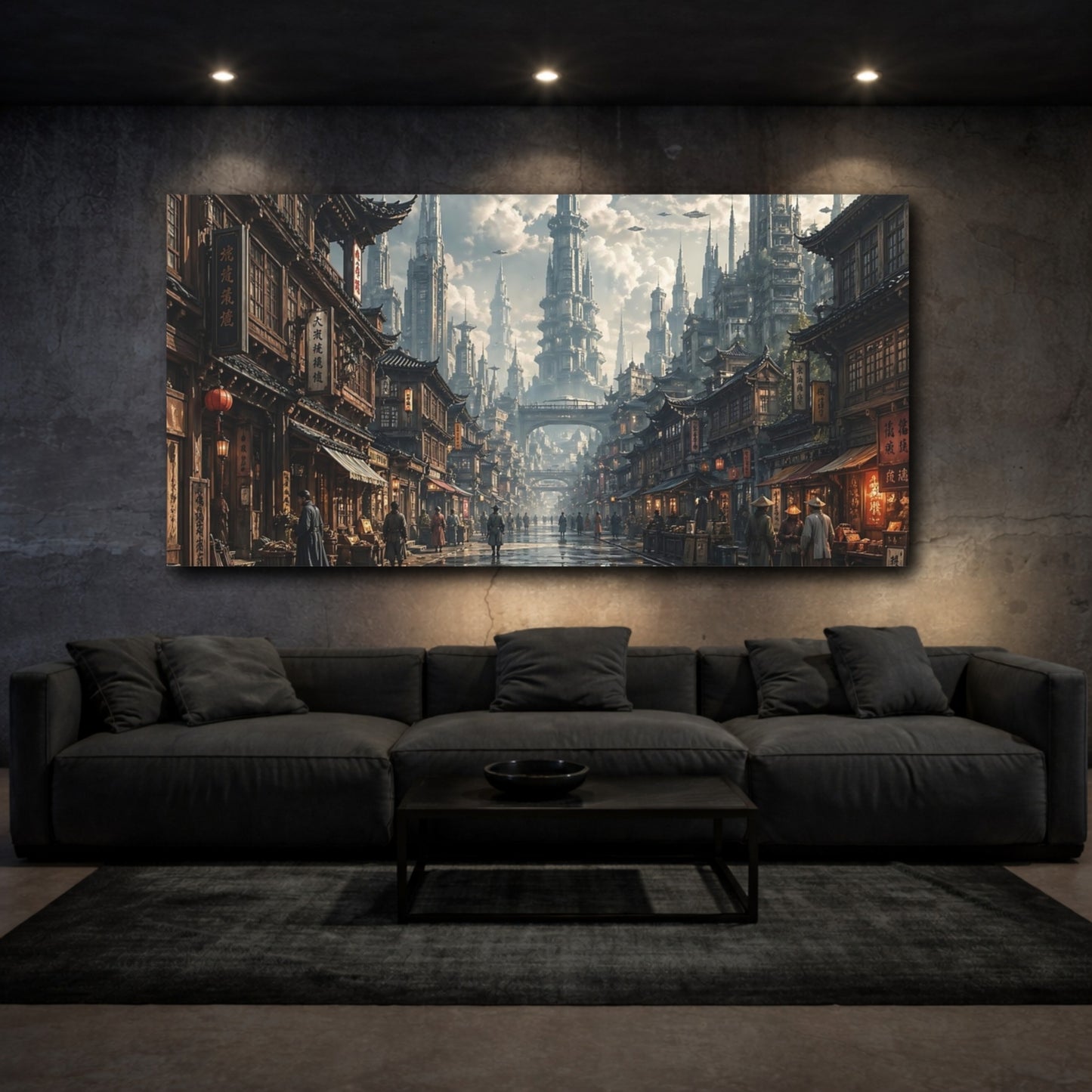 Mockup 2. Science Fiction Sci-Fi City Futuristic Cityscape shown as stretched canvas wall art