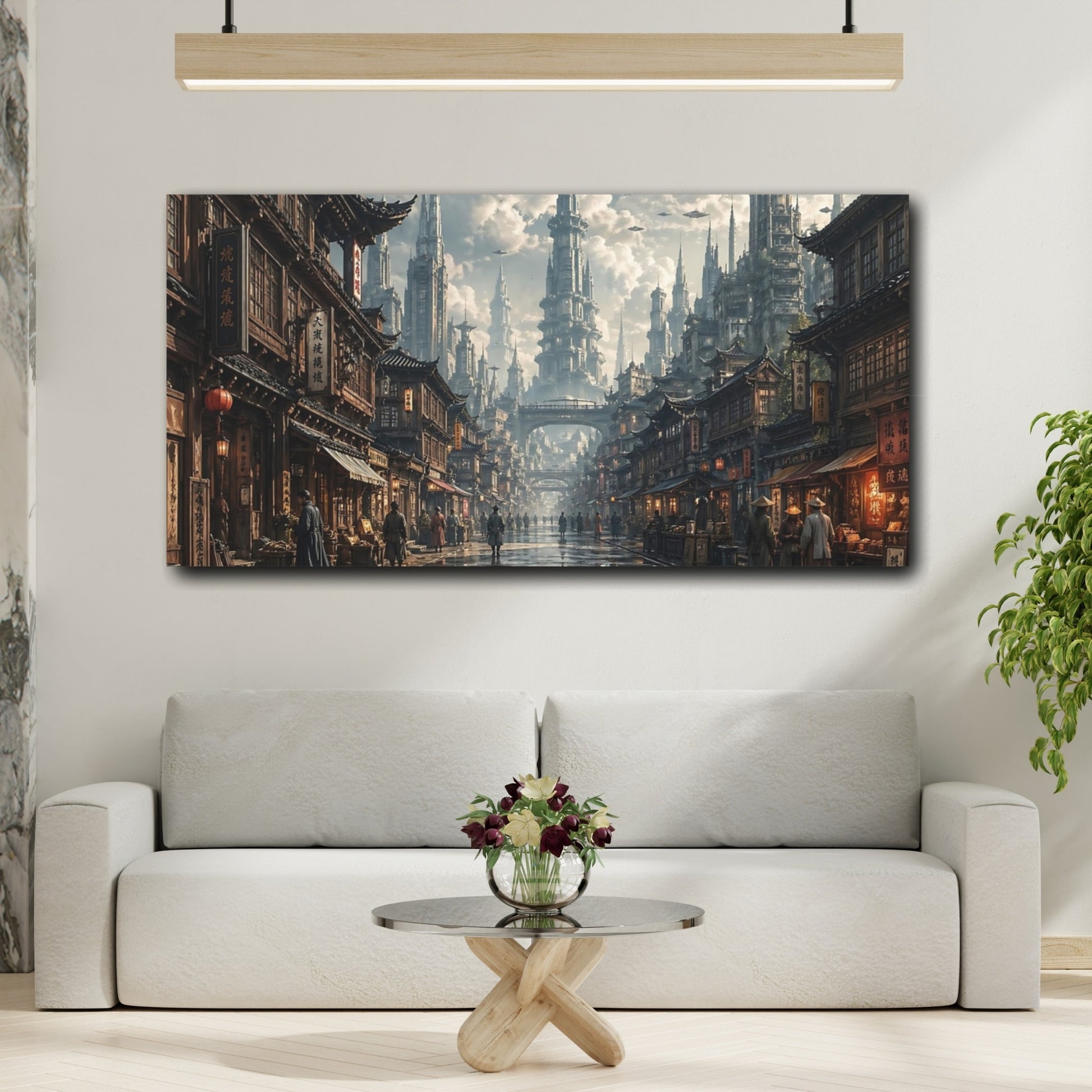 Mockup 3. Science Fiction Sci-Fi City Futuristic Cityscape shown as stretched canvas wall art