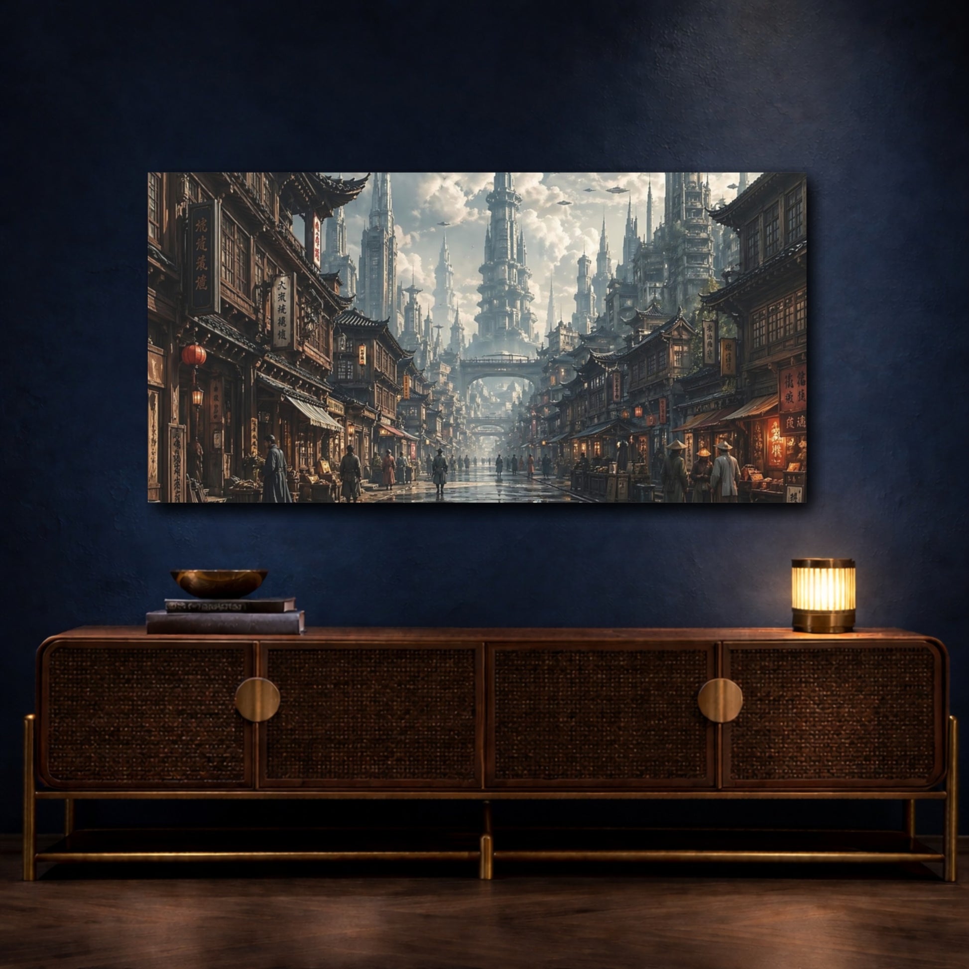 Mockup 4. Science Fiction Sci-Fi City Futuristic Cityscape shown as stretched canvas wall art