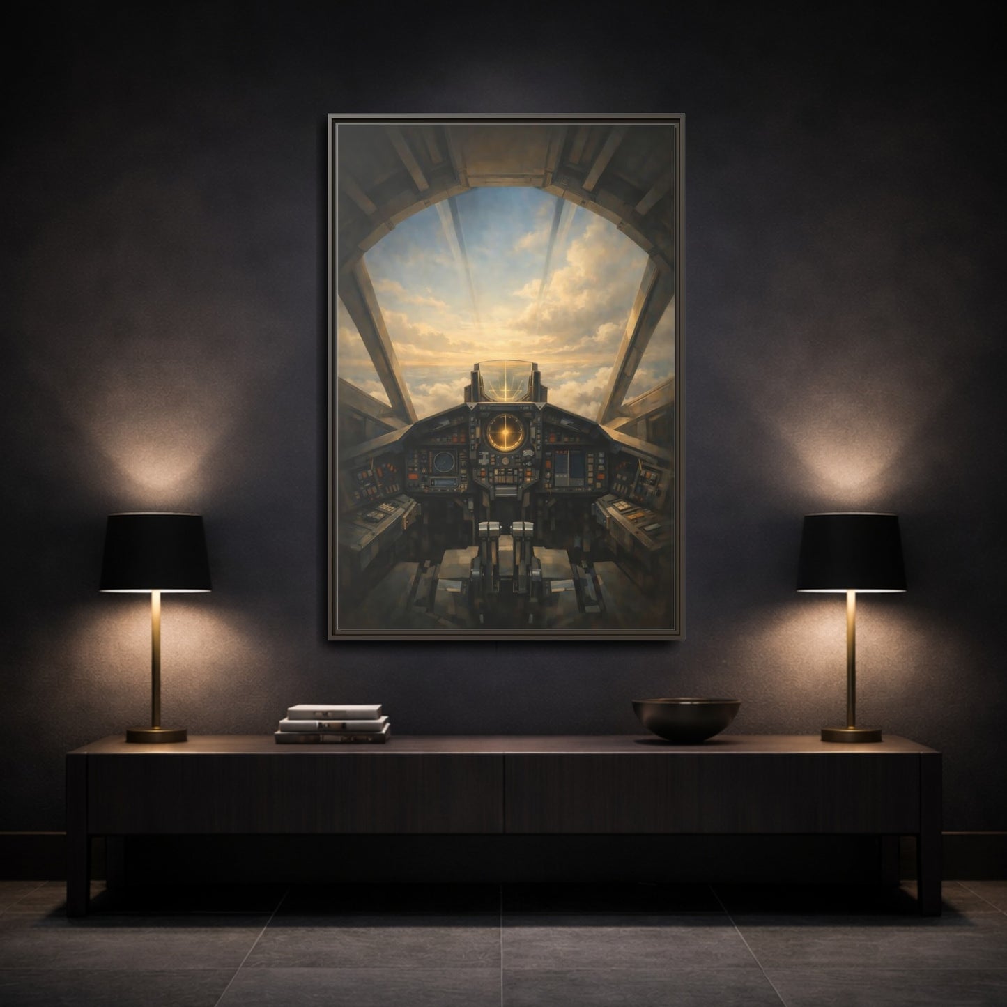 Mockup 2. Science Fiction Sci-Fi Cockpit Brown And Orange shown as stretched canvas wall art