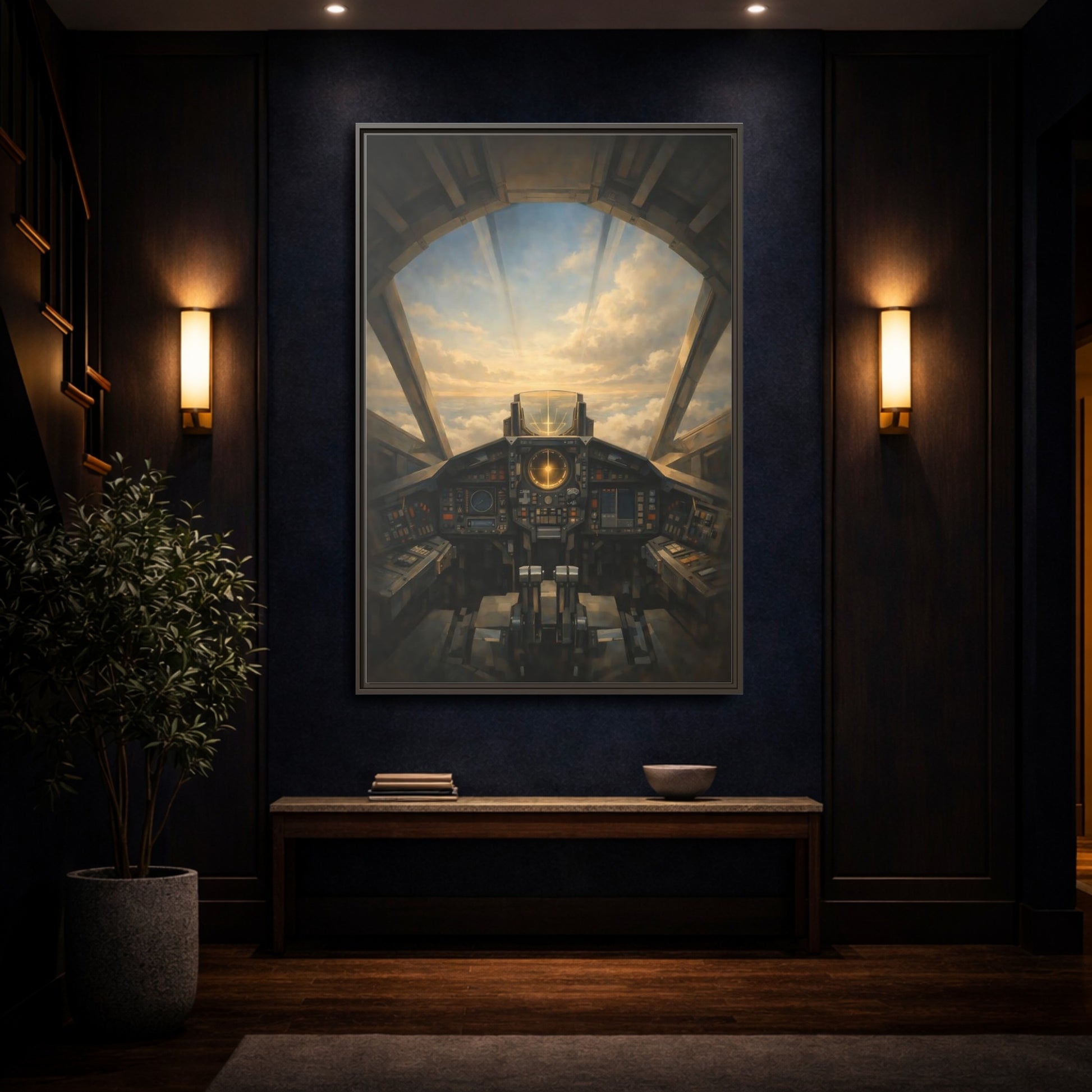 Mockup 3. Science Fiction Sci-Fi Cockpit Brown And Orange shown as stretched canvas wall art