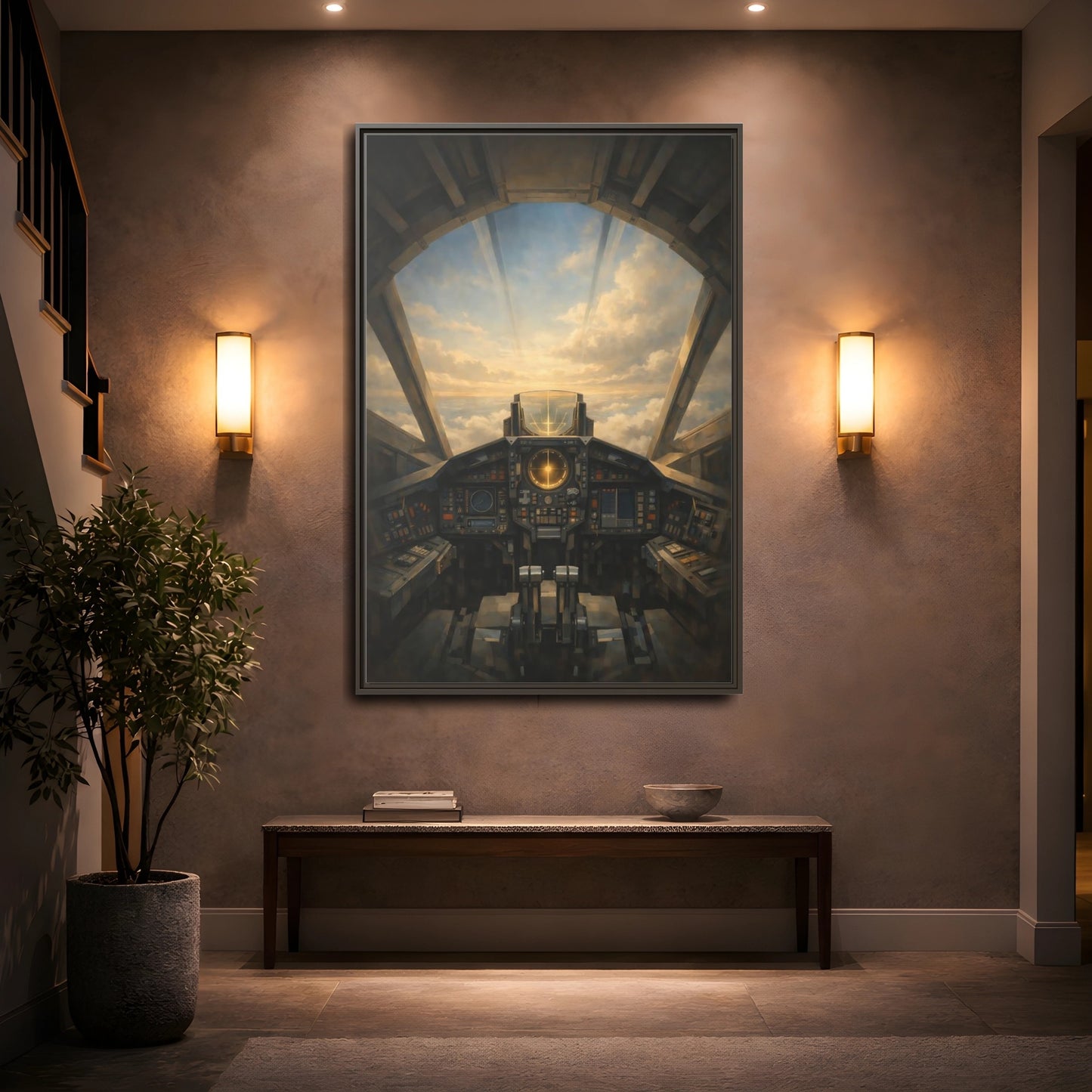 Mockup 4. Science Fiction Sci-Fi Cockpit Brown And Orange shown as stretched canvas wall art