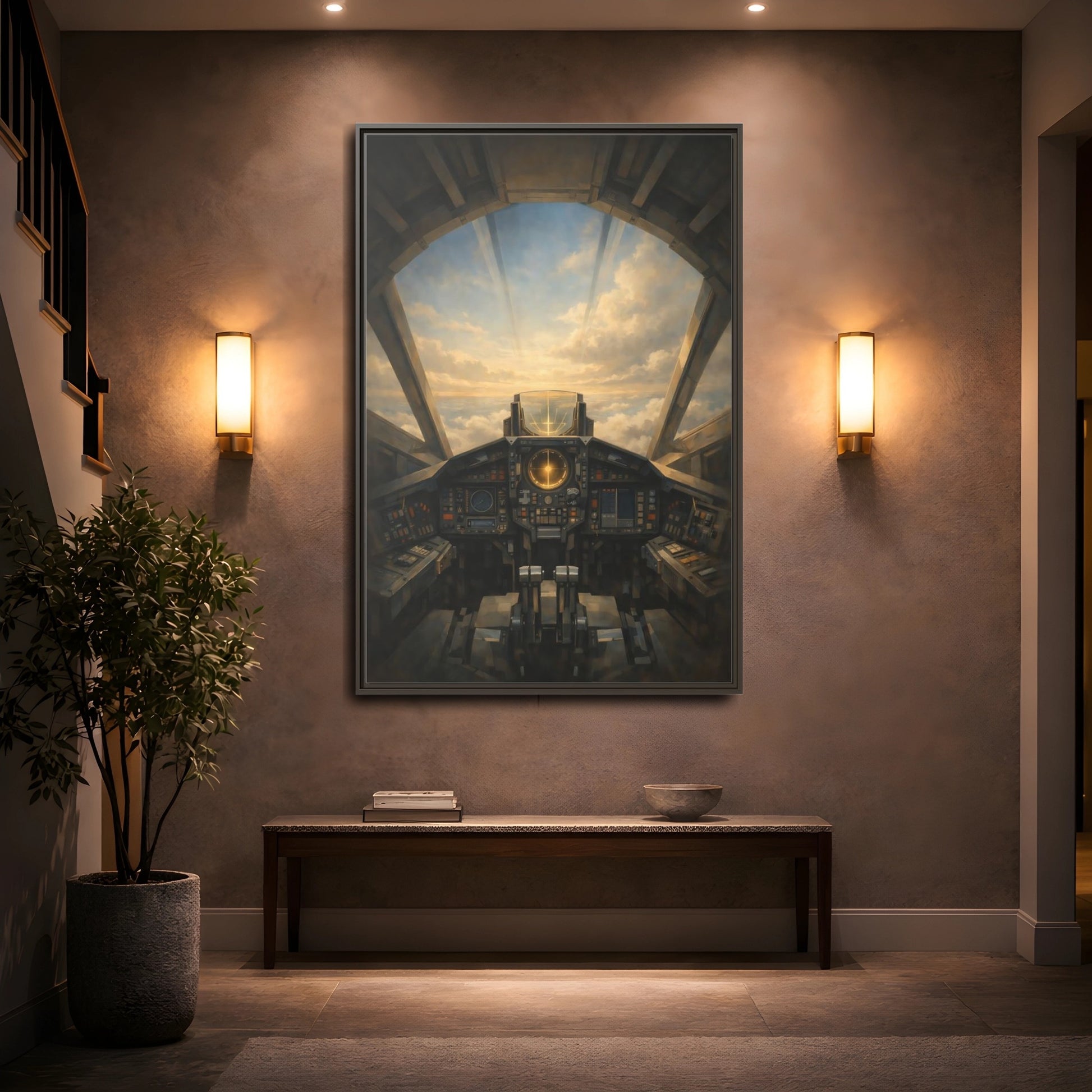 Mockup 4. Science Fiction Sci-Fi Cockpit Brown And Orange shown as stretched canvas wall art