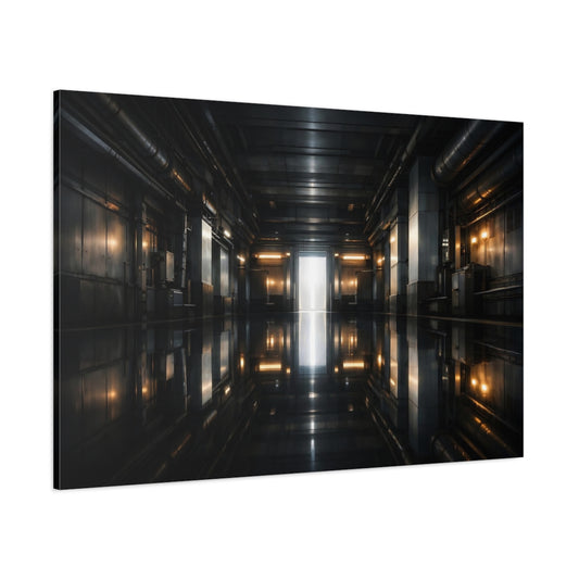 Main Mockup. Science Fiction Sci-Fi Corridor Dark Industrial shown as stretched canvas wall art