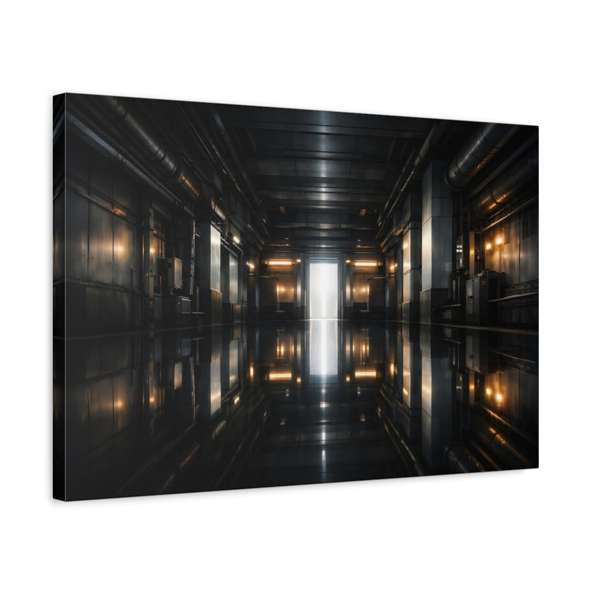 Side Mockup 3. Science Fiction Sci-Fi Corridor Dark Industrial shown as stretched canvas wall art