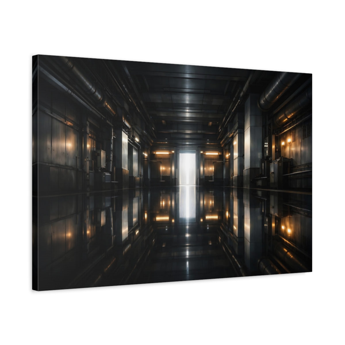 Side Mockup 2. Science Fiction Sci-Fi Corridor Dark Industrial shown as stretched canvas wall art