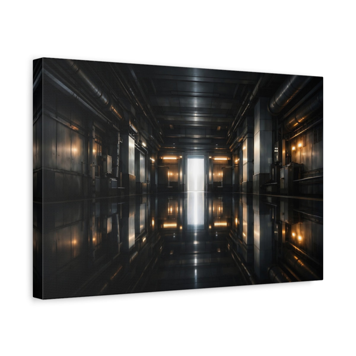 Side Mockup 4. Science Fiction Sci-Fi Corridor Dark Industrial shown as stretched canvas wall art