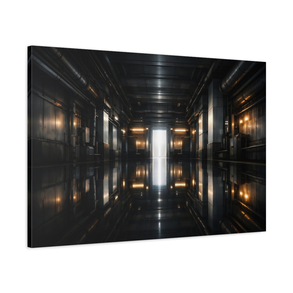 Side Mockup 1. Science Fiction Sci-Fi Corridor Dark Industrial shown as stretched canvas wall art