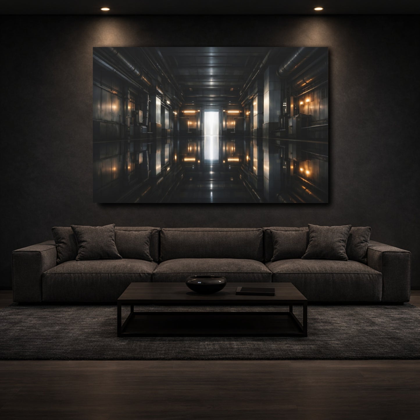 Mockup 2. Science Fiction Sci-Fi Corridor Dark Industrial shown as stretched canvas wall art