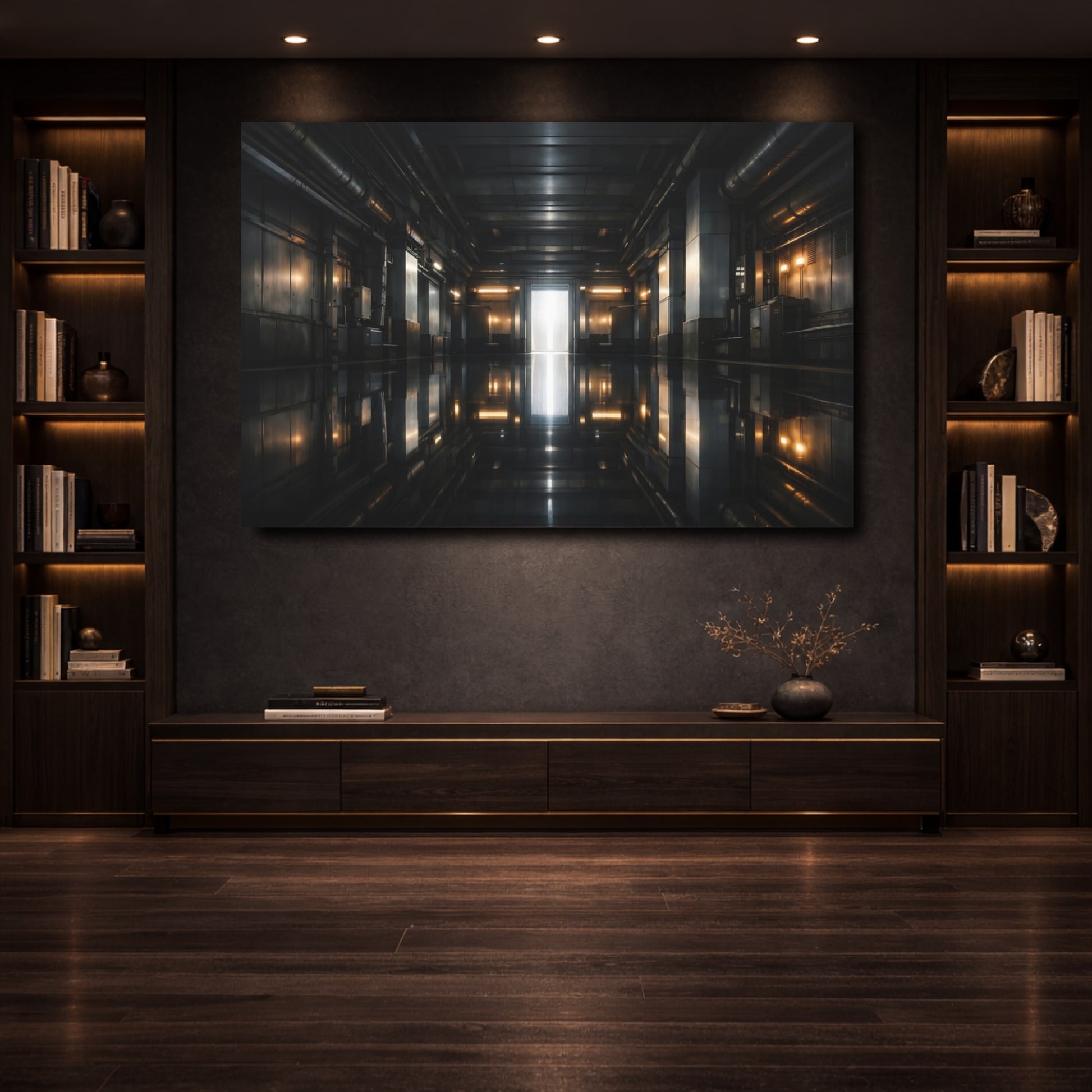 Mockup 3. Science Fiction Sci-Fi Corridor Dark Industrial shown as stretched canvas wall art