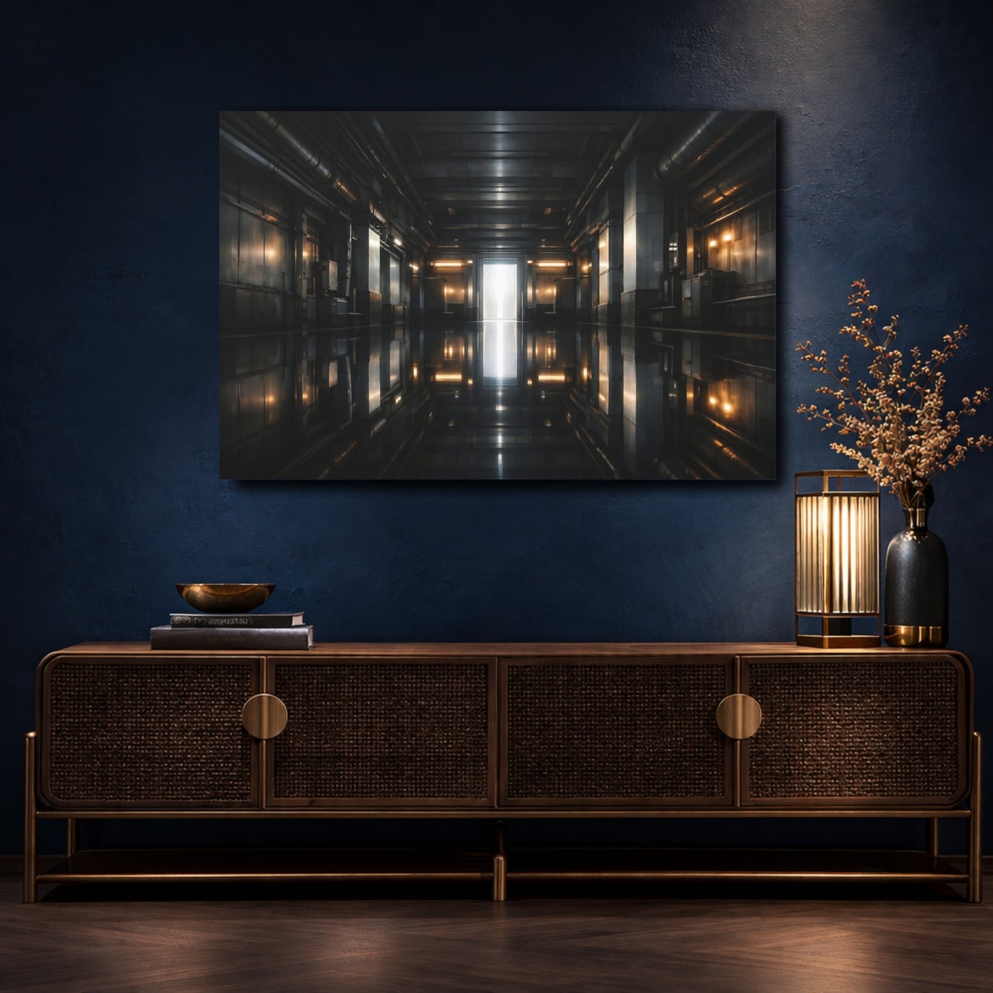 Mockup 4. Science Fiction Sci-Fi Corridor Dark Industrial shown as stretched canvas wall art