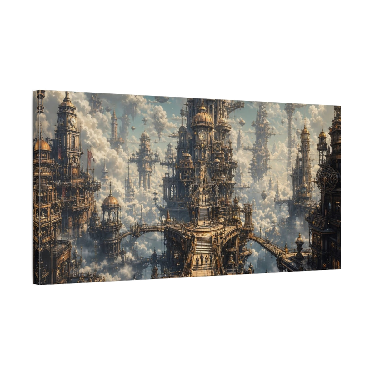 Side Mockup 1. Science Fiction Sky City Golden Sky City shown as stretched canvas wall art