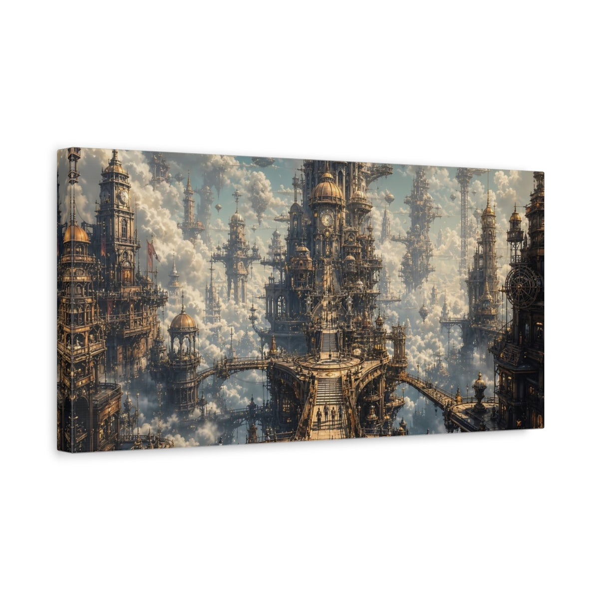 Side Mockup 3. Science Fiction Sky City Golden Sky City shown as stretched canvas wall art