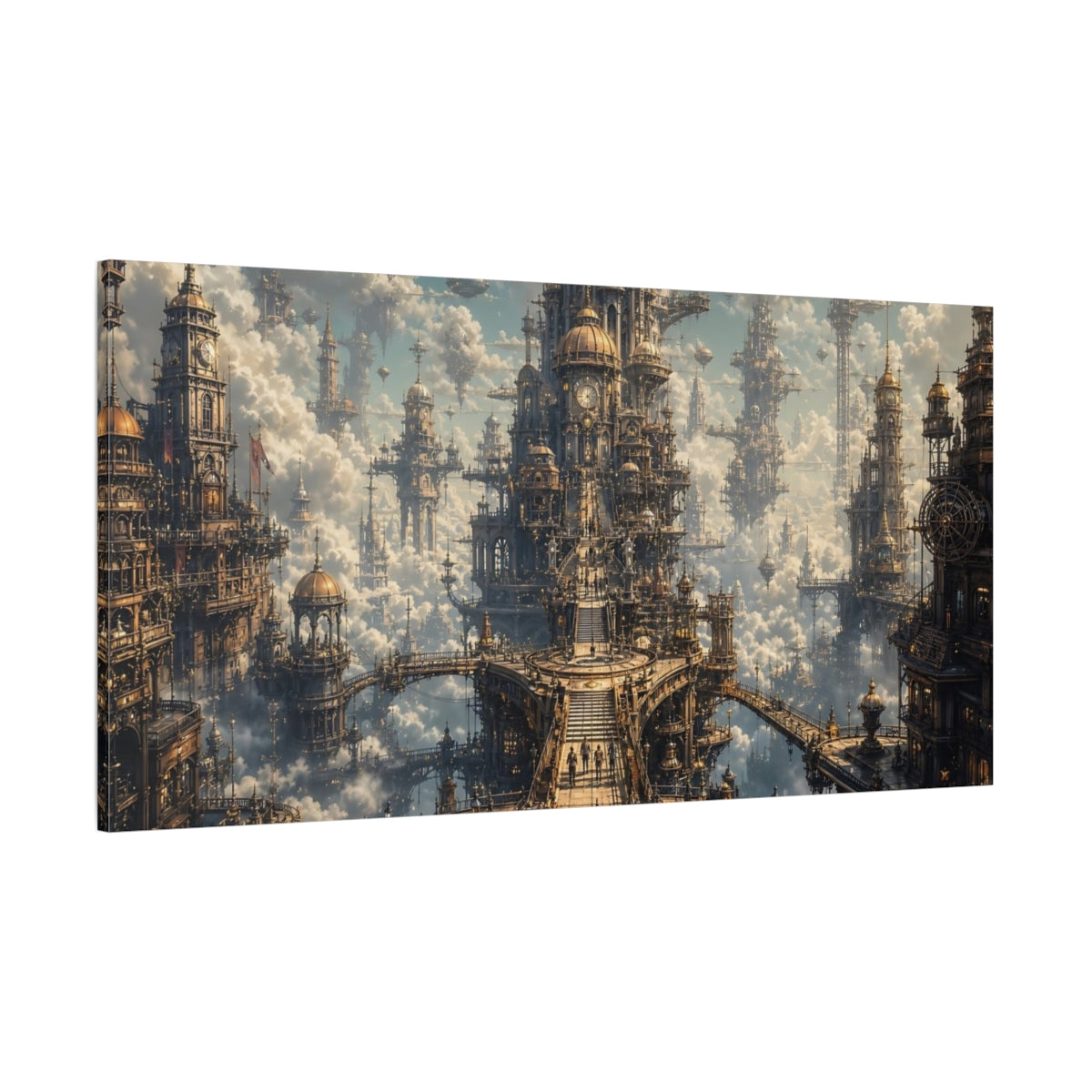Side Mockup 2. Science Fiction Sky City Golden Sky City shown as stretched canvas wall art
