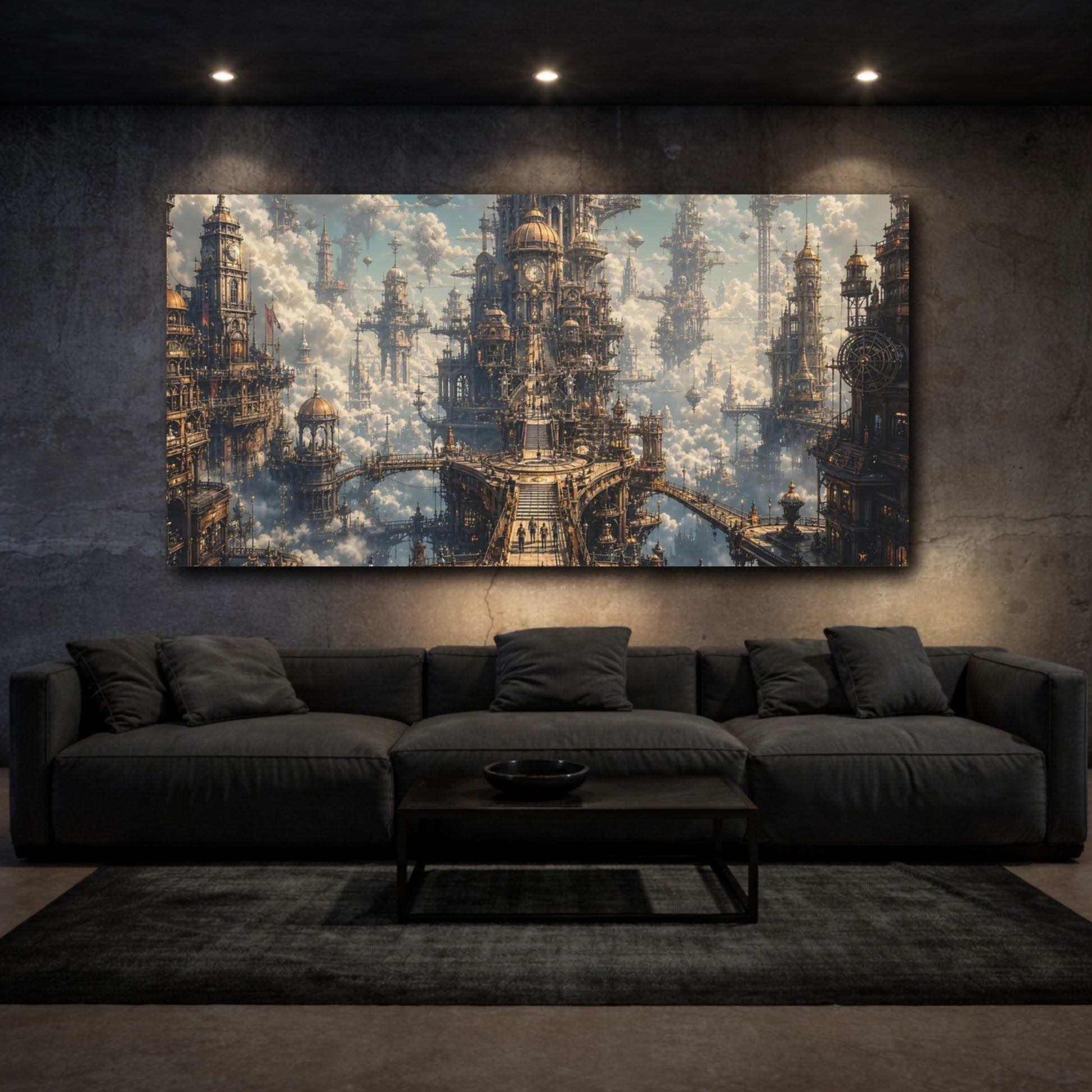 Mockup 2. Science Fiction Sky City Golden Sky City shown as stretched canvas wall art