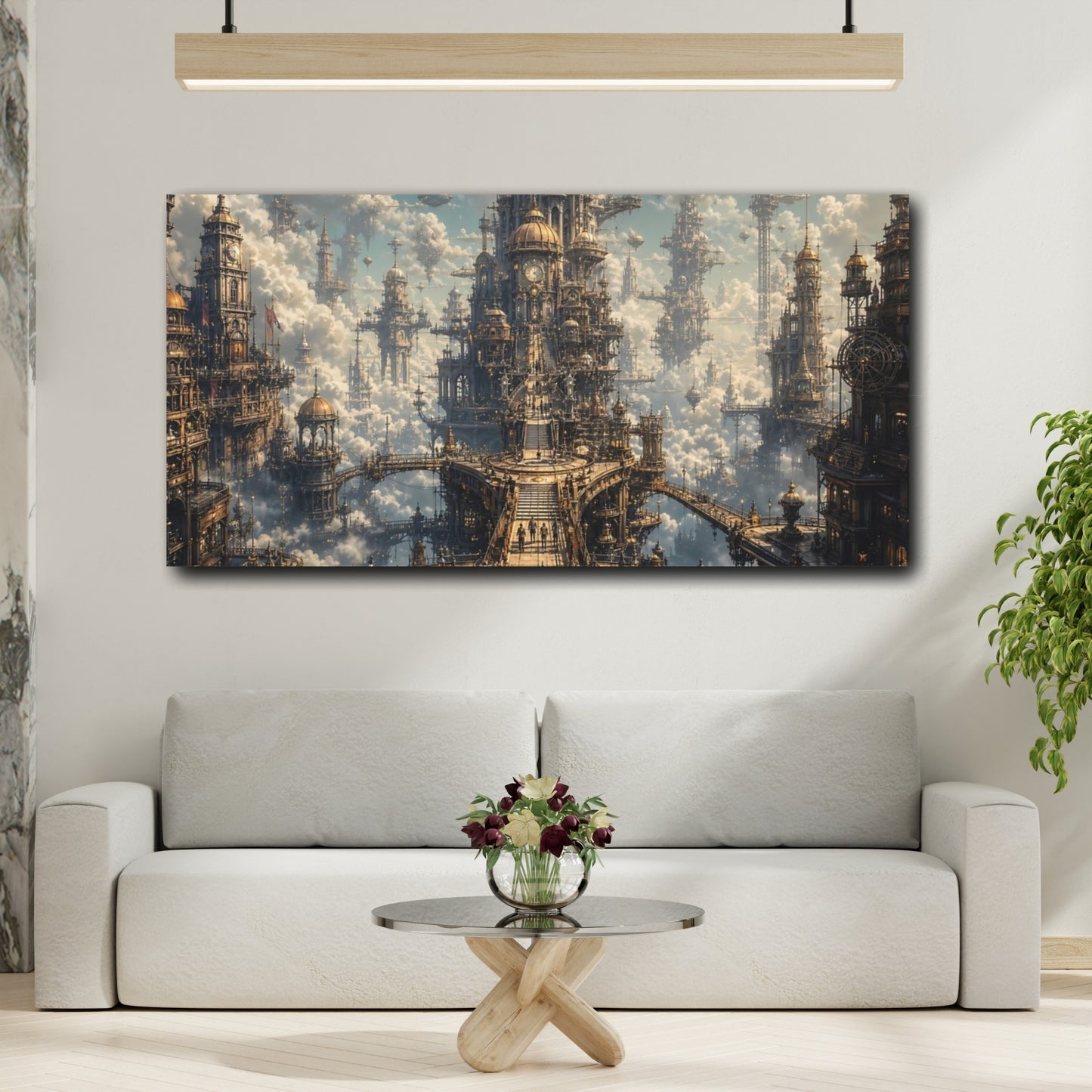 Mockup 3. Science Fiction Sky City Golden Sky City shown as stretched canvas wall art