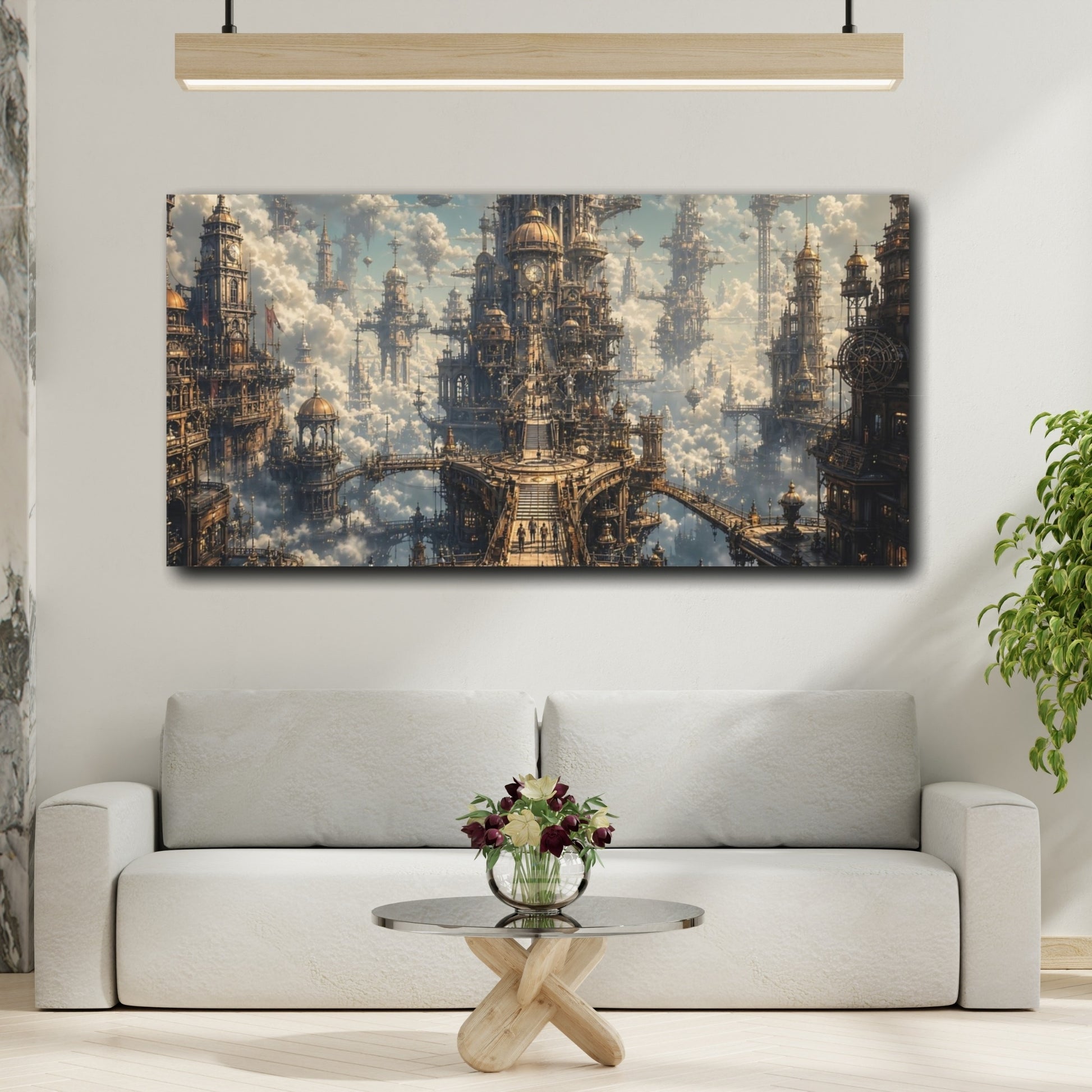 Mockup 3. Science Fiction Sky City Golden Sky City shown as stretched canvas wall art