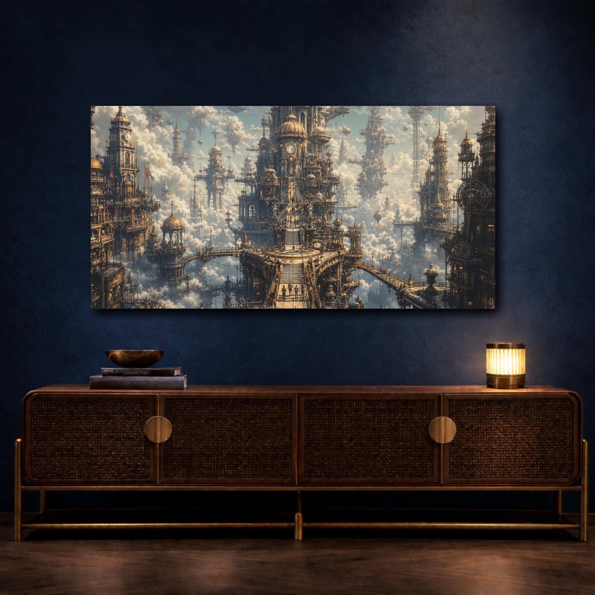 Mockup 4. Science Fiction Sky City Golden Sky City shown as stretched canvas wall art