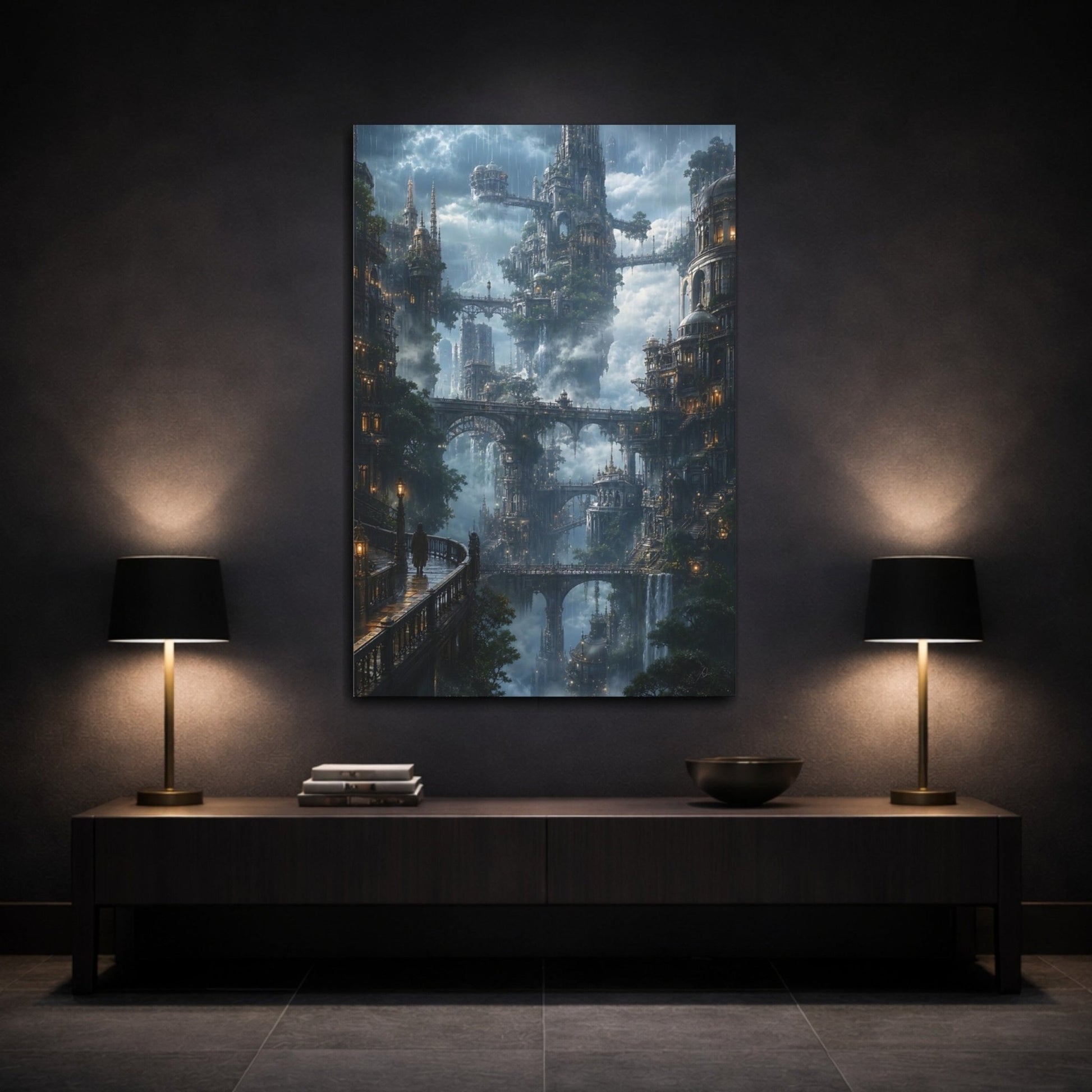 Science Fiction Sky City Misty Canvas Wall Art Print – Living Room Decor, Above Sofa - YesArtYes