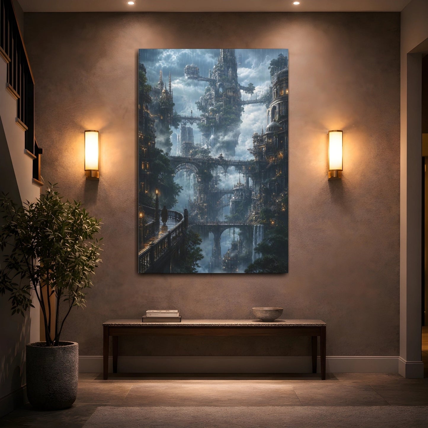 Science Fiction Sky City Misty Canvas Wall Art Print – Living Room Decor, Above Sofa - YesArtYes