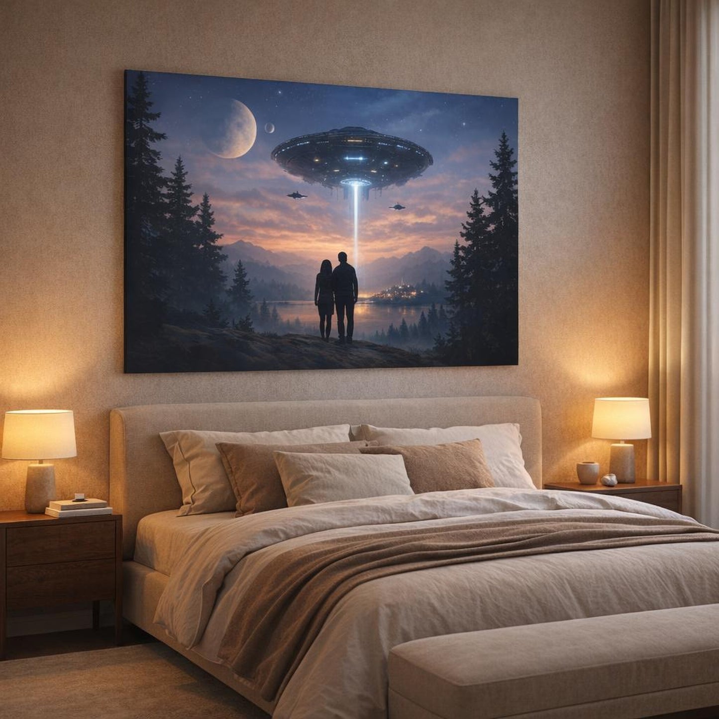 Science Fiction Sky Forest shown as canvas wall art in a luxury bedroom