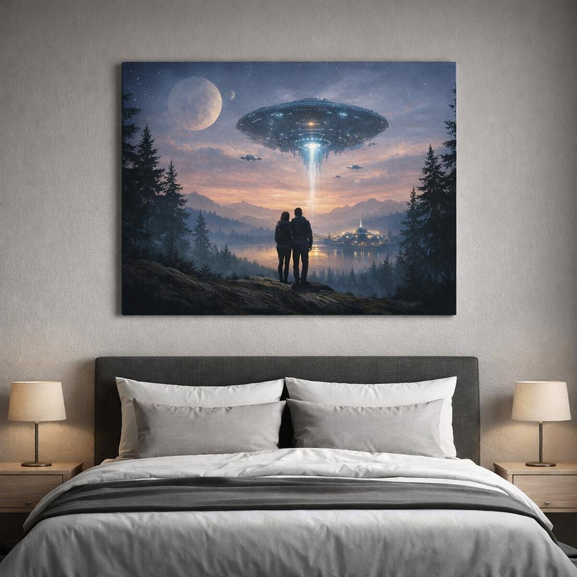 Science Fiction Sky Forest shown as canvas wall art in a refined dining room