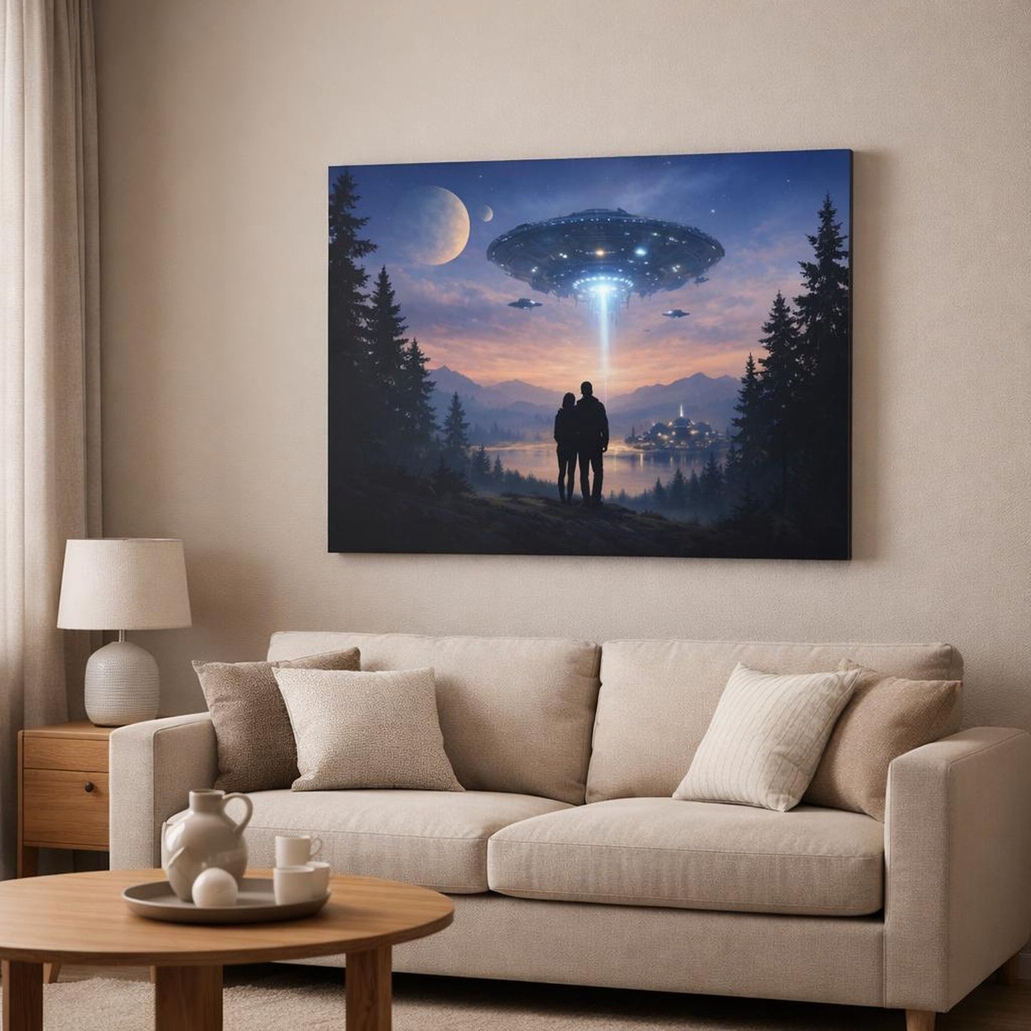 Science Fiction Sky Forest shown as canvas wall art in a modern living room