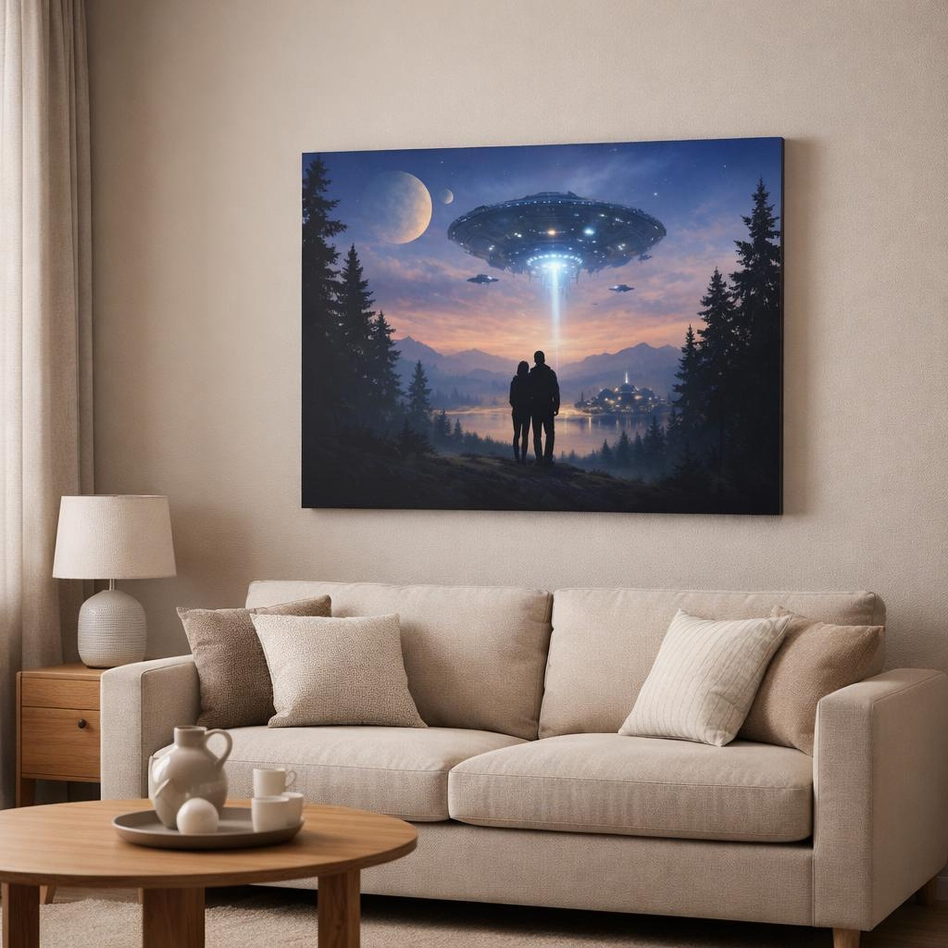 Science Fiction Sky Forest shown as canvas wall art in a modern living room