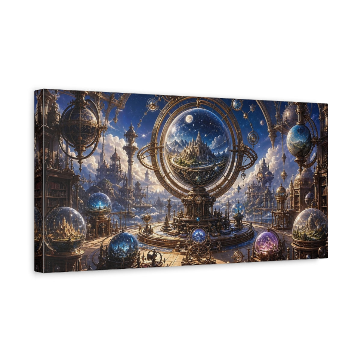 Side Mockup 3. Science Fiction Sky Observatory Blue Gold Fantasy shown as stretched canvas wall art