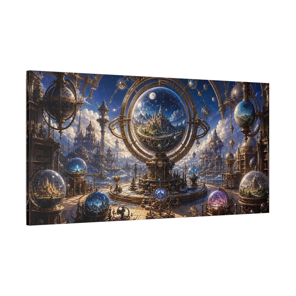 Side Mockup 2. Science Fiction Sky Observatory Blue Gold Fantasy shown as stretched canvas wall art