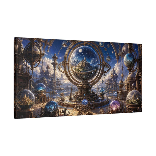Main Mockup. Science Fiction Sky Observatory Blue Gold Fantasy shown as stretched canvas wall art