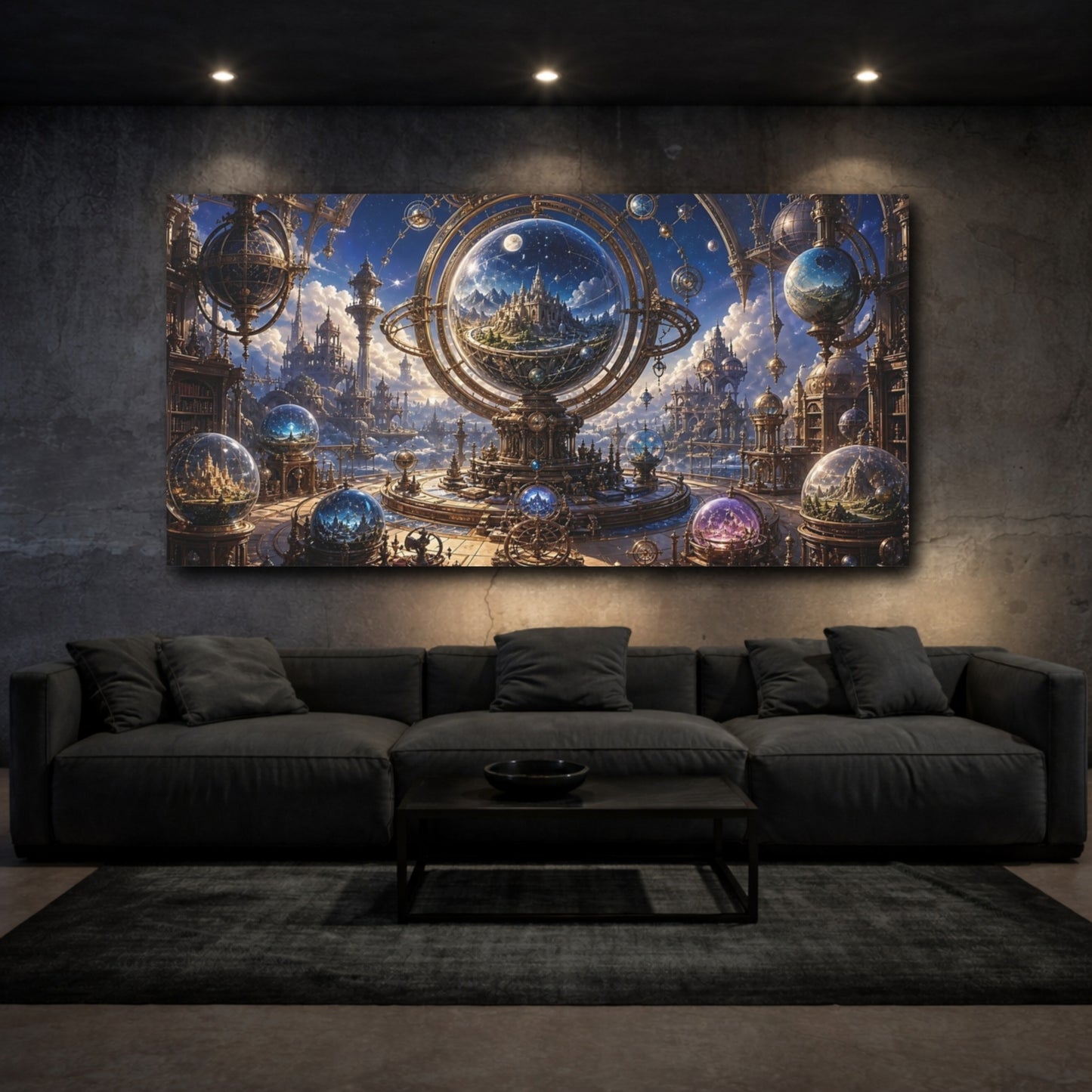 Mockup 2. Science Fiction Sky Observatory Blue Gold Fantasy shown as stretched canvas wall art
