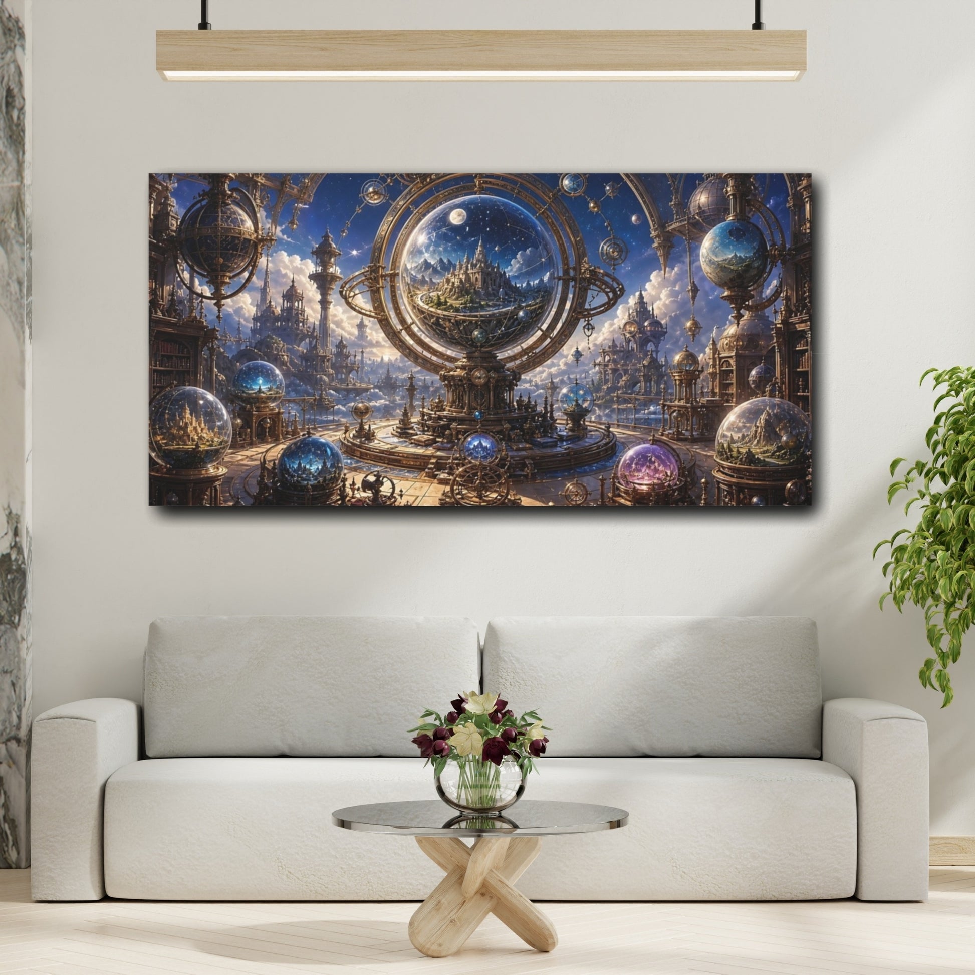 Mockup 3. Science Fiction Sky Observatory Blue Gold Fantasy shown as stretched canvas wall art