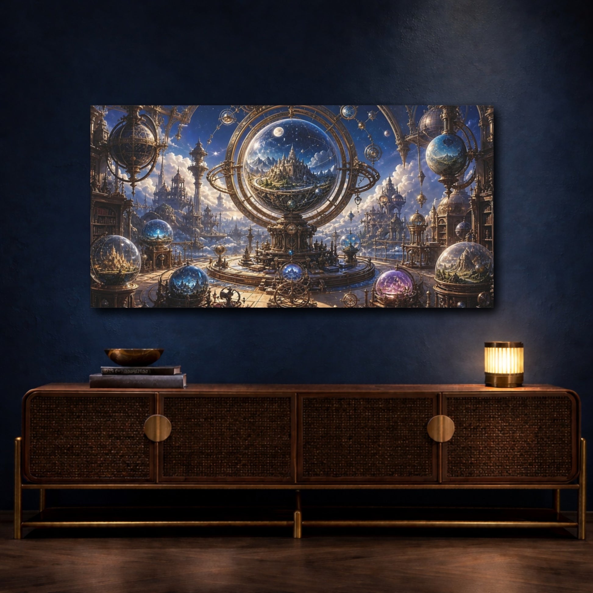 Mockup 4. Science Fiction Sky Observatory Blue Gold Fantasy shown as stretched canvas wall art