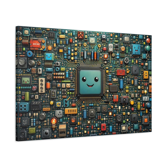Main Mockup. Science Fiction Smiling Microchip Colorful Circuit Board shown as stretched canvas wall art