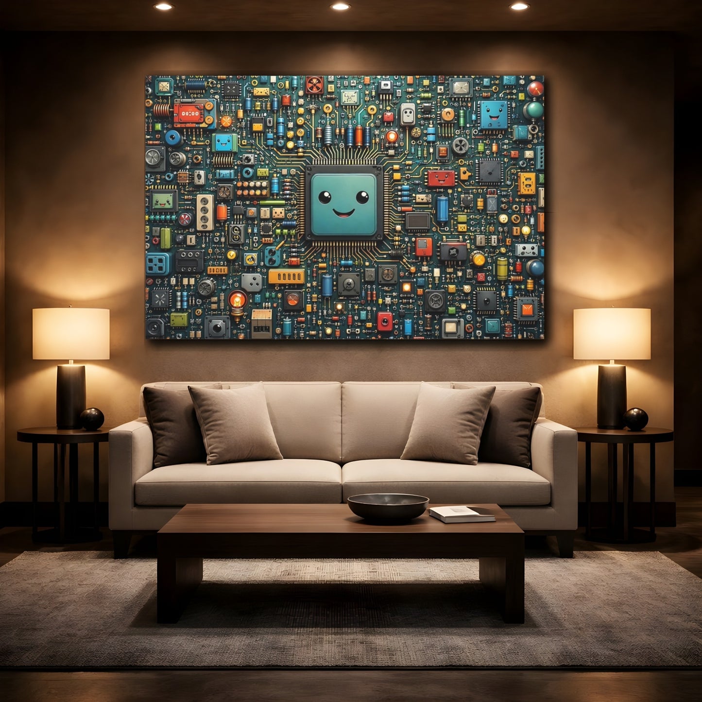 Mockup 2. Science Fiction Smiling Microchip Colorful Circuit Board shown as stretched canvas wall art