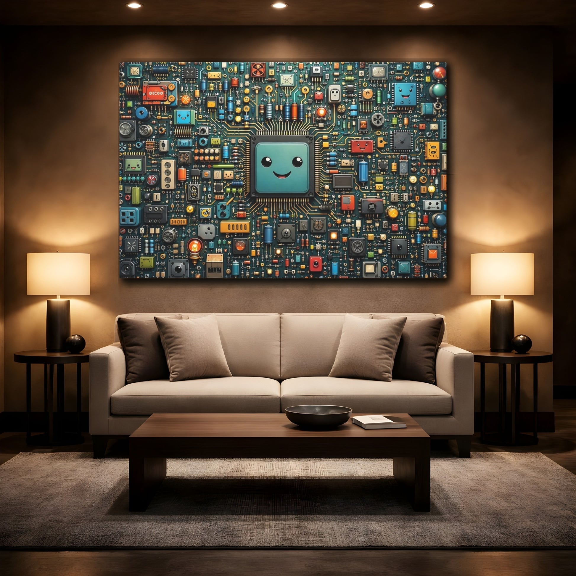 Mockup 2. Science Fiction Smiling Microchip Colorful Circuit Board shown as stretched canvas wall art