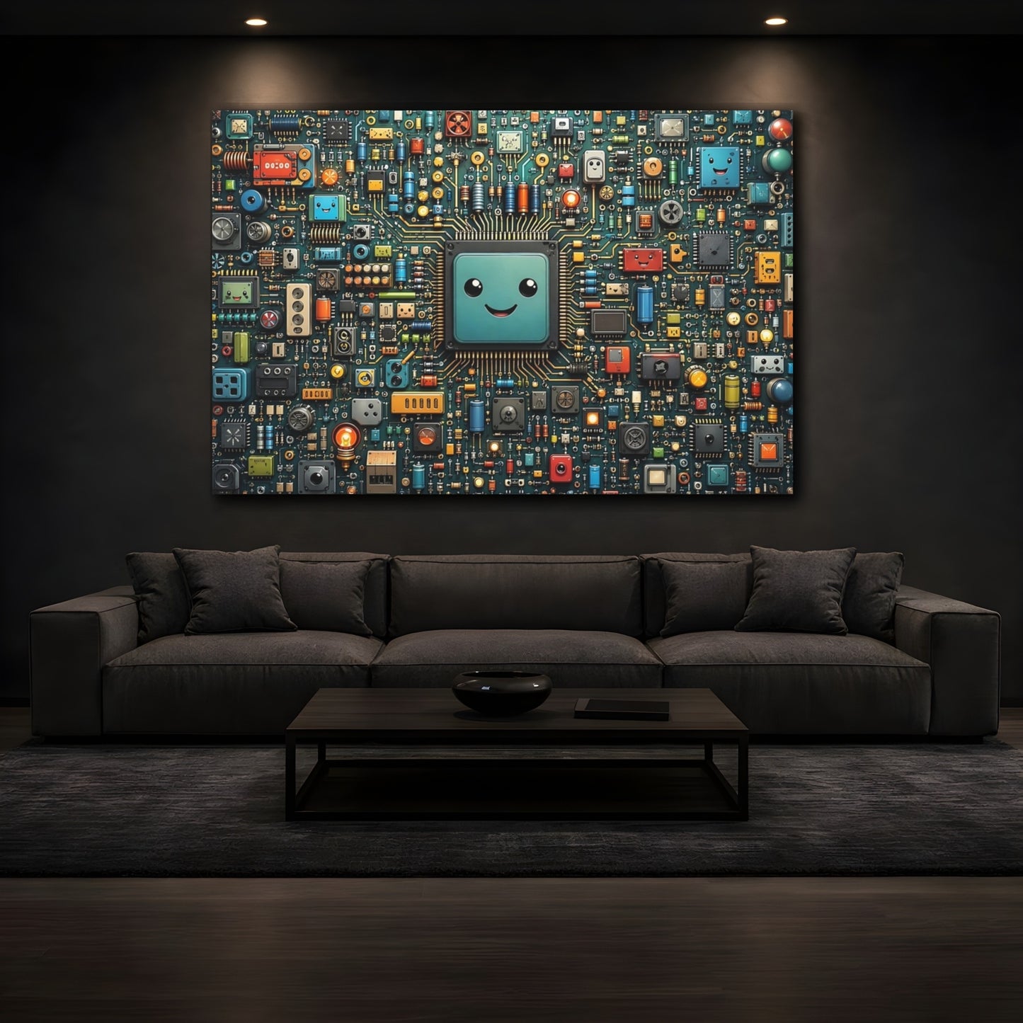 Mockup 3. Science Fiction Smiling Microchip Colorful Circuit Board shown as stretched canvas wall art