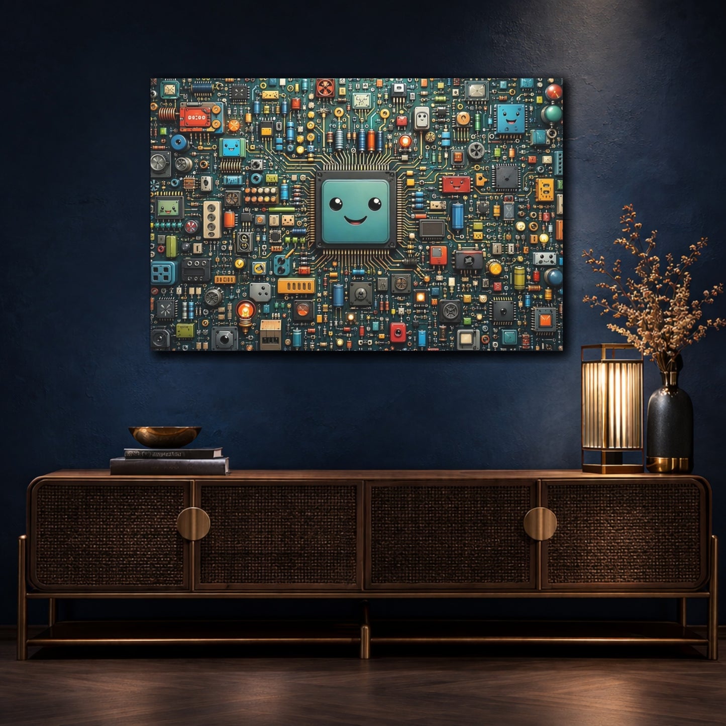 Mockup 4. Science Fiction Smiling Microchip Colorful Circuit Board shown as stretched canvas wall art