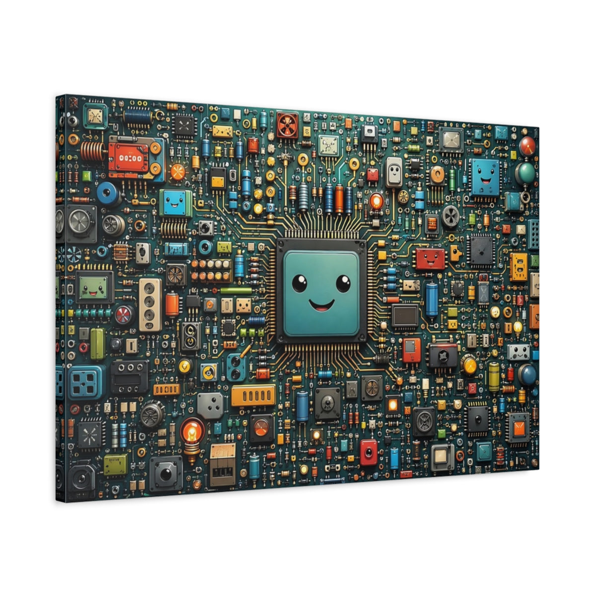 Side Mockup 2. Science Fiction Smiling Microchip Colorful Circuit Board shown as stretched canvas wall art