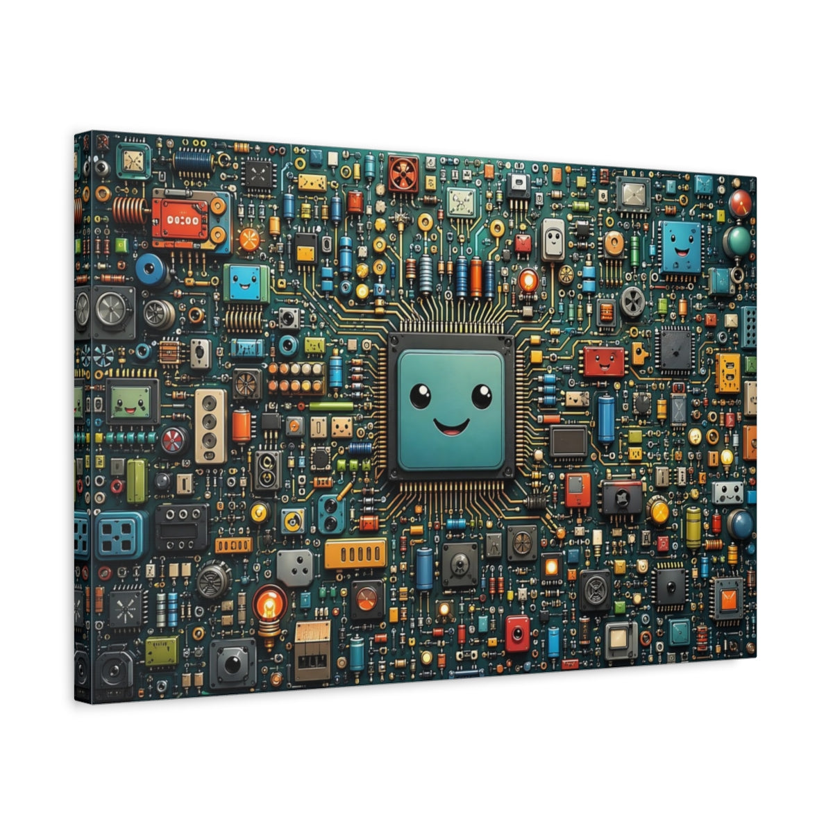 Side Mockup 3. Science Fiction Smiling Microchip Colorful Circuit Board shown as stretched canvas wall art