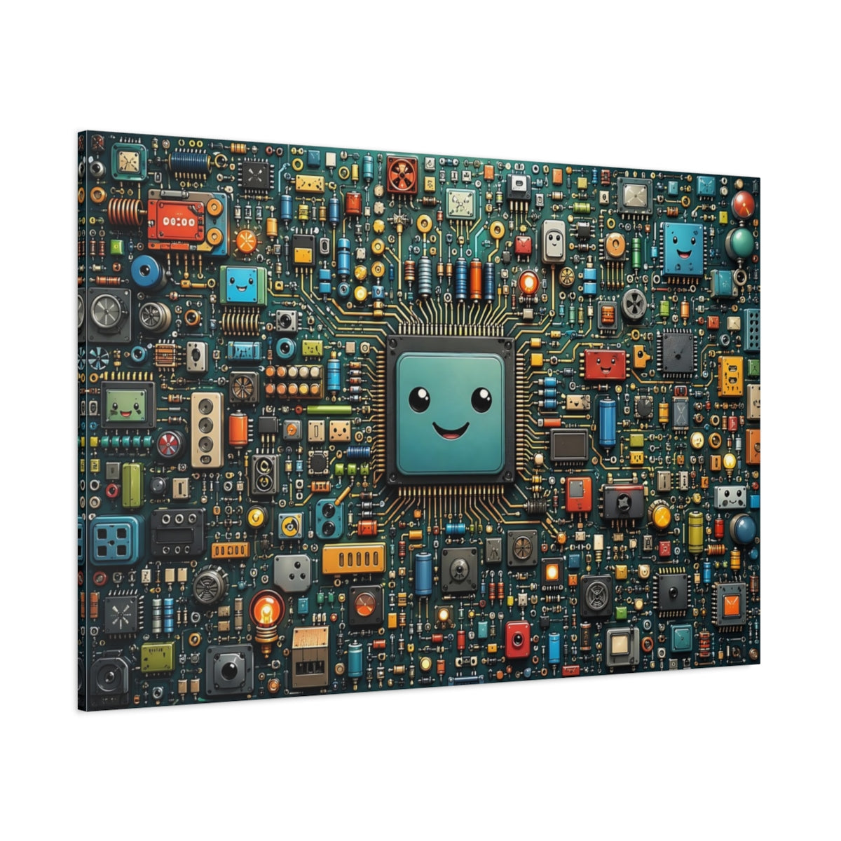 Side Mockup 1. Science Fiction Smiling Microchip Colorful Circuit Board shown as stretched canvas wall art